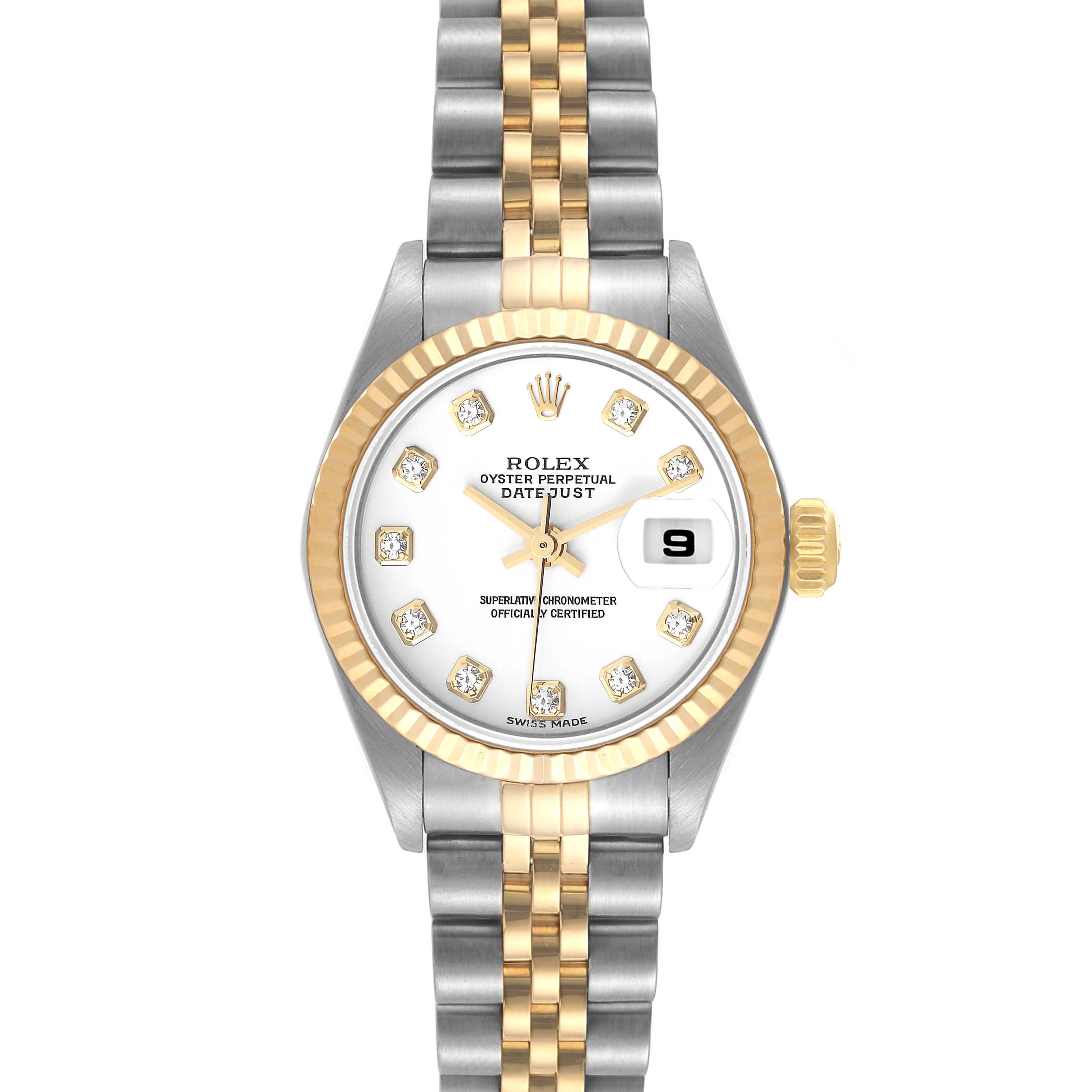 This image shows a Rolex Datejust 79173 Women's Steel and Gold (two tone) White Dial 79173 Women's Steel and Gold (two tone) White Dial watch from a front angle, highlighting its dial, bezel, crown, and bracelet.