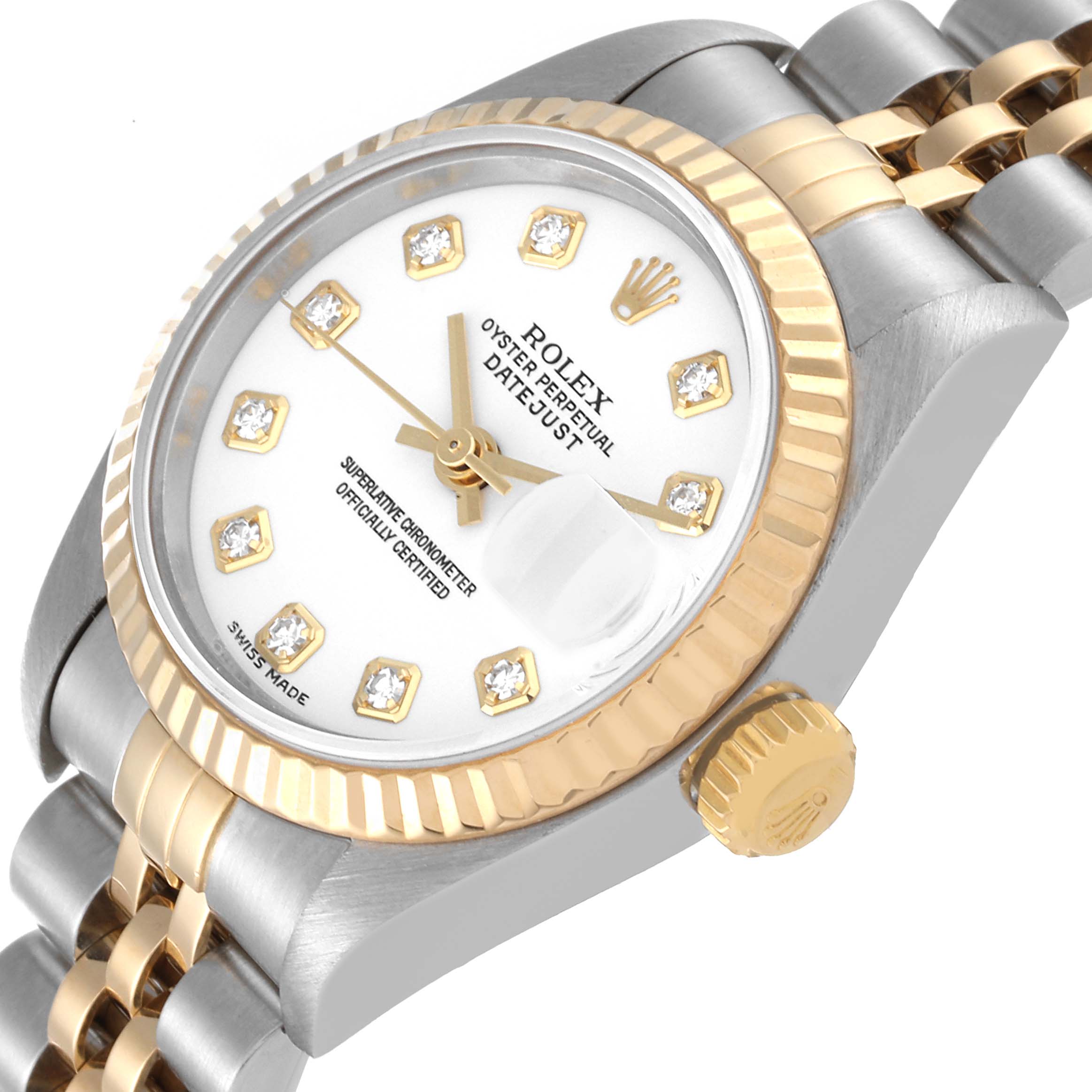 The Rolex Datejust 79173 Women's Steel and Gold (two tone) White Dial 79173 Women's Steel and Gold (two tone) White Dial watch is shown at an angled view highlighting the dial, bezel, crown, and part of the bracelet.