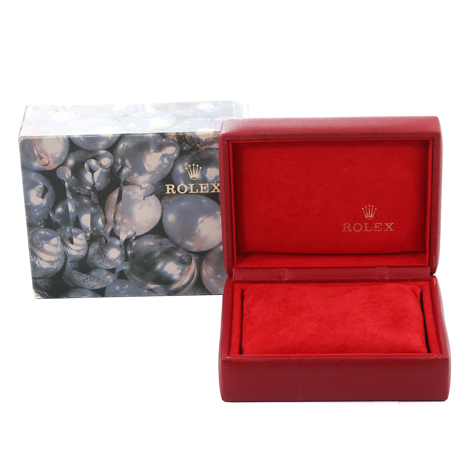 The image shows a red Rolex box with a pillow insert for a Datejust model watch and its outer decorative box.