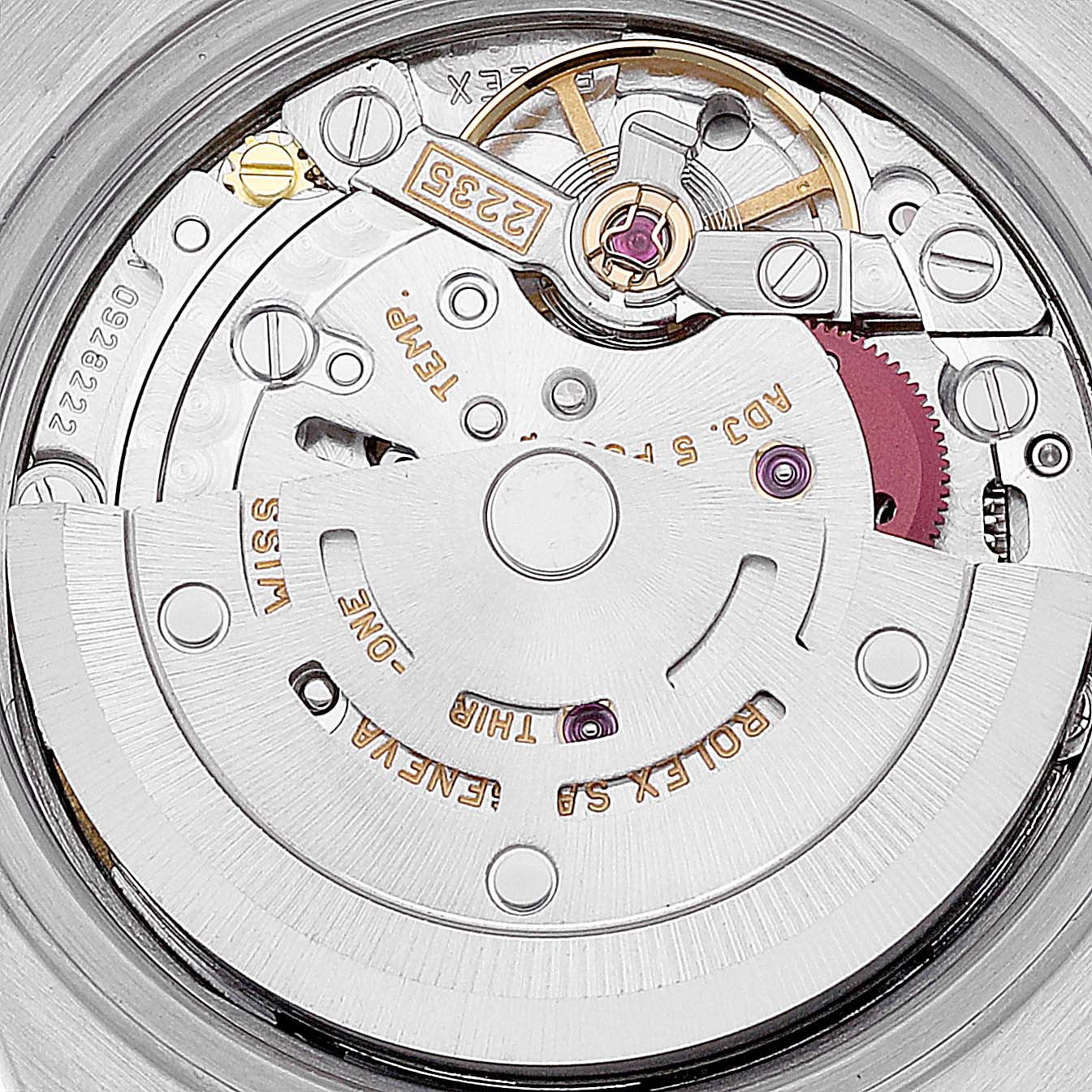 This is an up-close view of the Rolex Datejust 79173 Women's Steel and Gold (two tone) White Dial 79173 Women's Steel and Gold (two tone) White Dial movement, showcasing its intricate internal mechanics.
