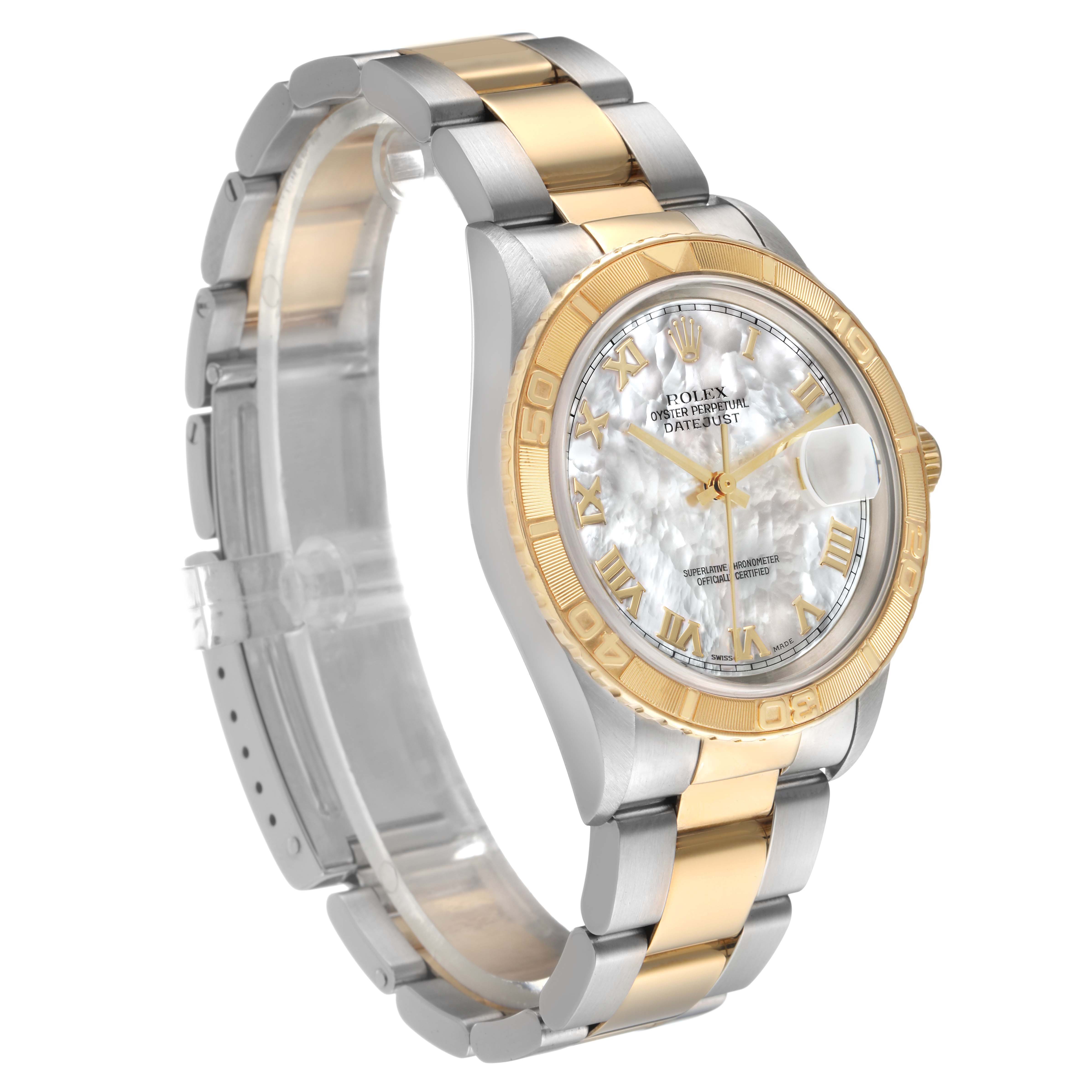 The Rolex Turn-o-Graph 16263 Men's Steel and Gold (two tone) Mother of Pearl Dial watch is shown at a slight angle, displaying the face, bezel, and bracelet.