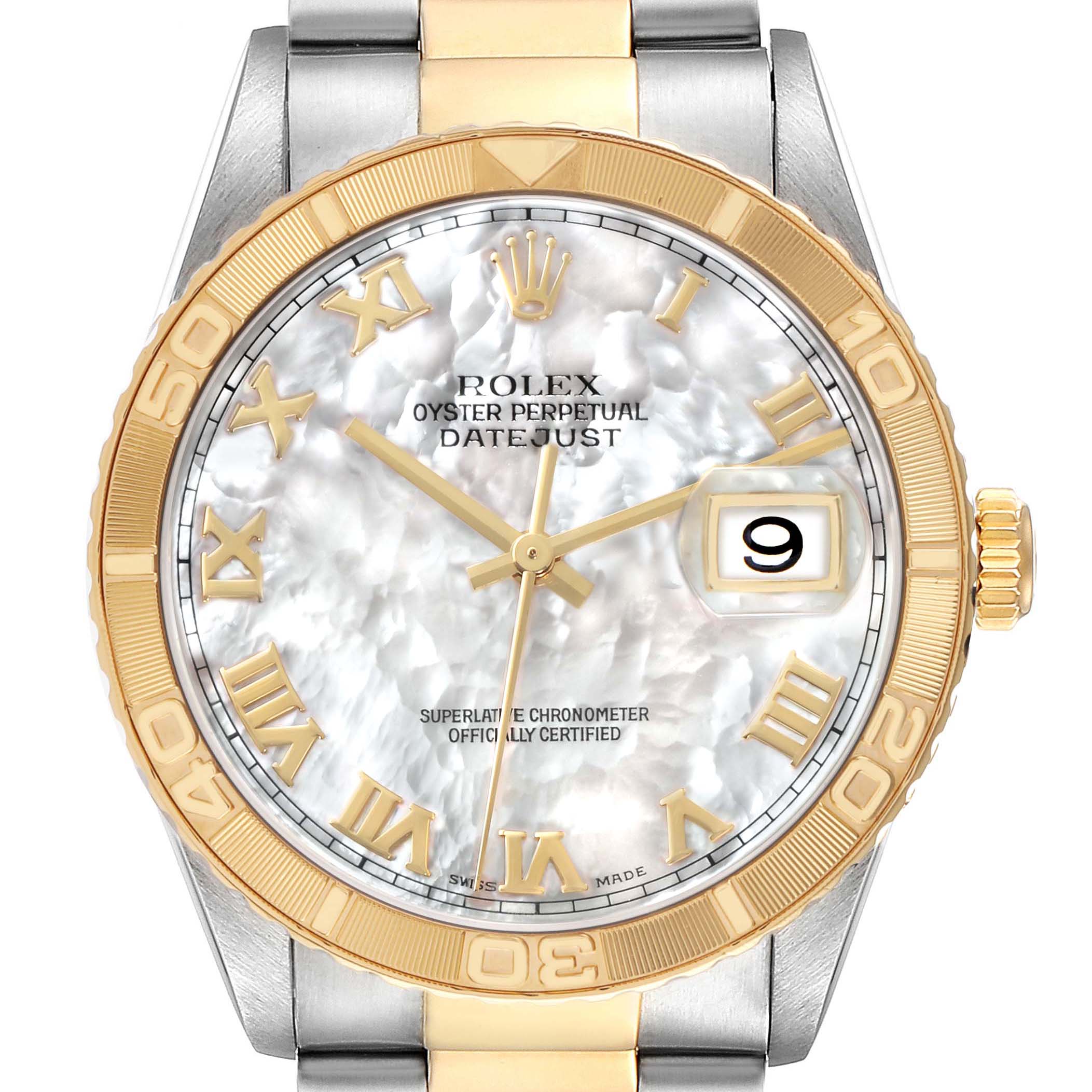The Rolex Turn-o-Graph 16263 Men's Steel and Gold (two tone) Mother of Pearl Dial watch is shown from a front angle, highlighting the face, bezel, crown, and part of the bracelet.