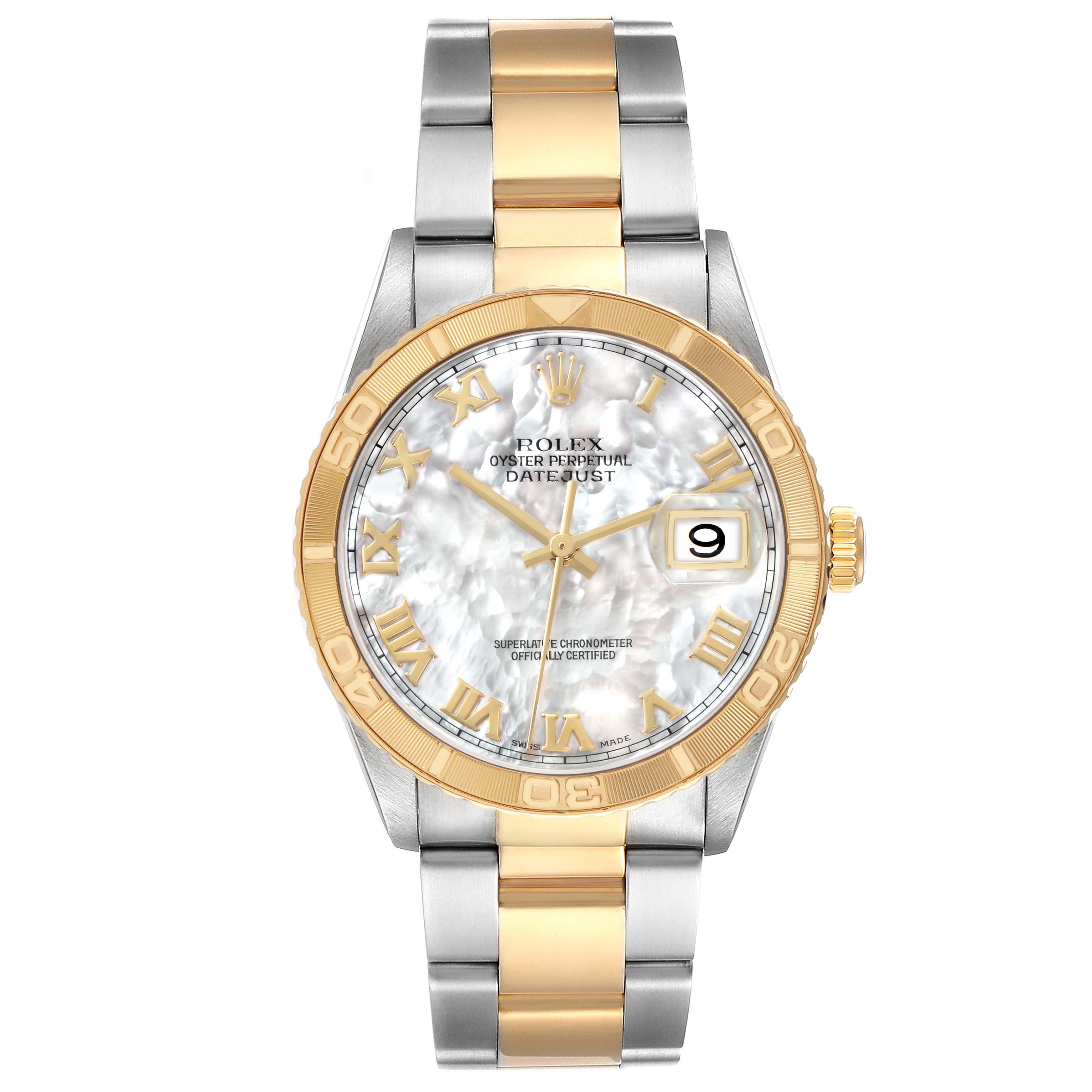The image shows a front view of a Rolex Turn-o-Graph 16263 Men's Steel and Gold (two tone) Mother of Pearl Dial watch, highlighting its dial, bezel, bracelet, and crown.