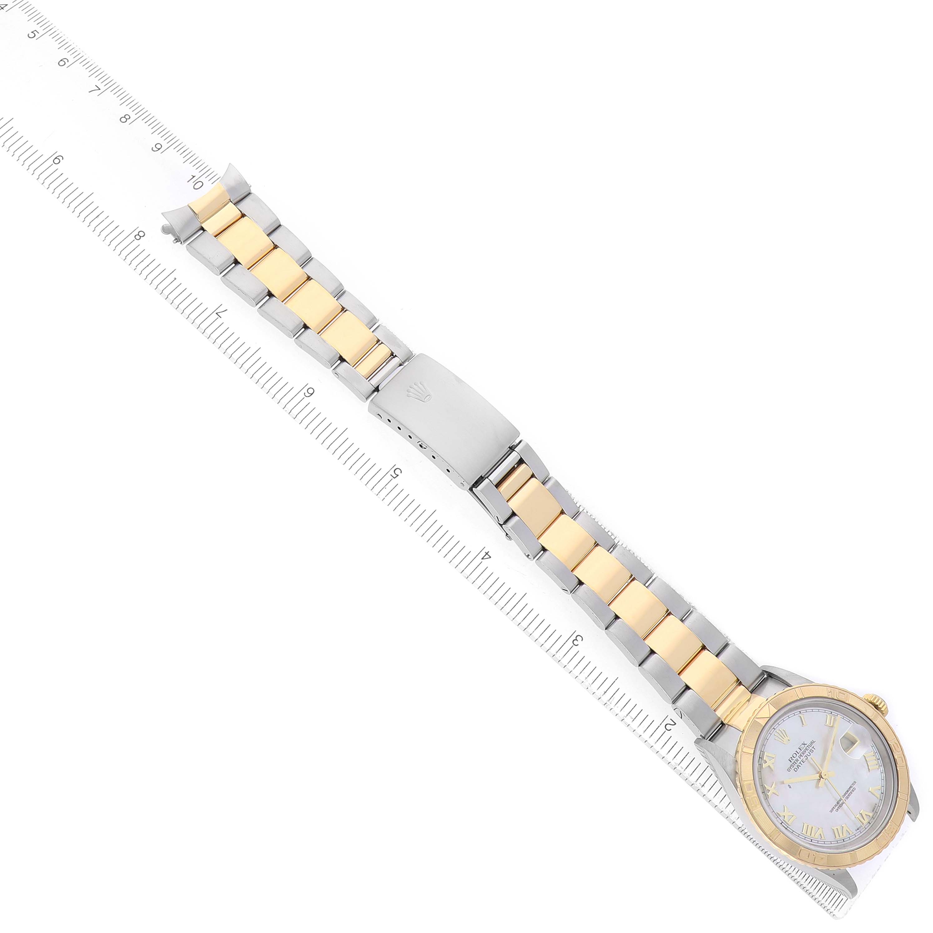 The Rolex Turn-o-Graph 16263 Men's Steel and Gold (two tone) Mother of Pearl Dial watch is shown from an overhead angle, featuring its two-tone bracelet, clasp, and face.