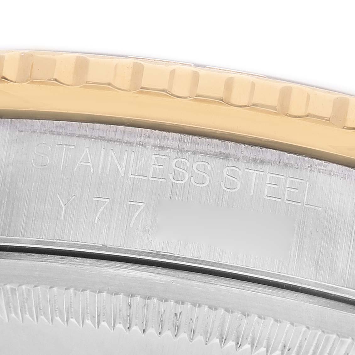 The image shows a close-up of the Rolex Turn-o-Graph 16263 Men's Steel and Gold (two tone) Mother of Pearl Dial bezel, highlighting the gold detailing and stainless steel engraving.