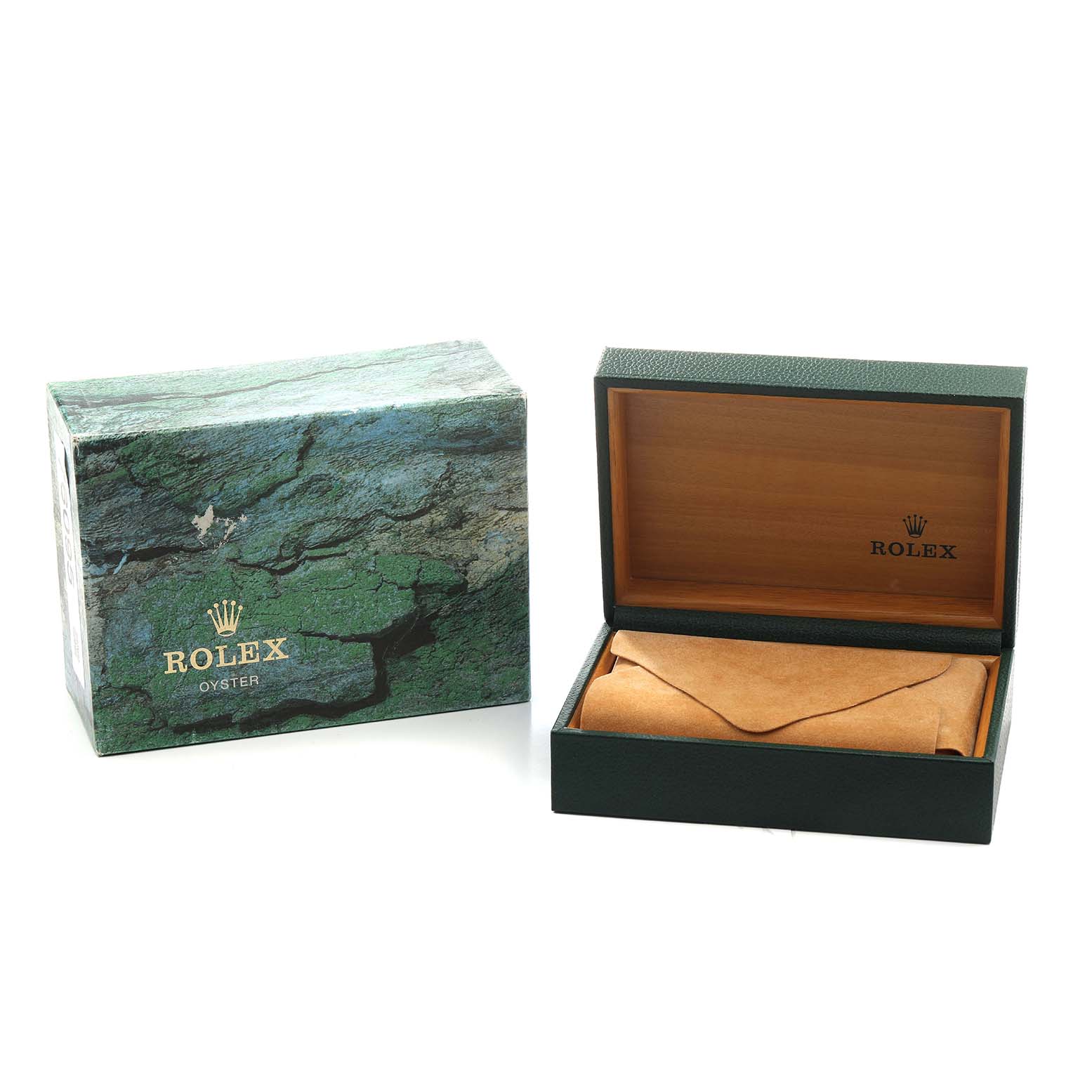 The image shows the Rolex Turn-o-Graph 16263 Men's Steel and Gold (two tone) Mother of Pearl Dial model's green and brown storage box and sleeve, with the box open and empty.