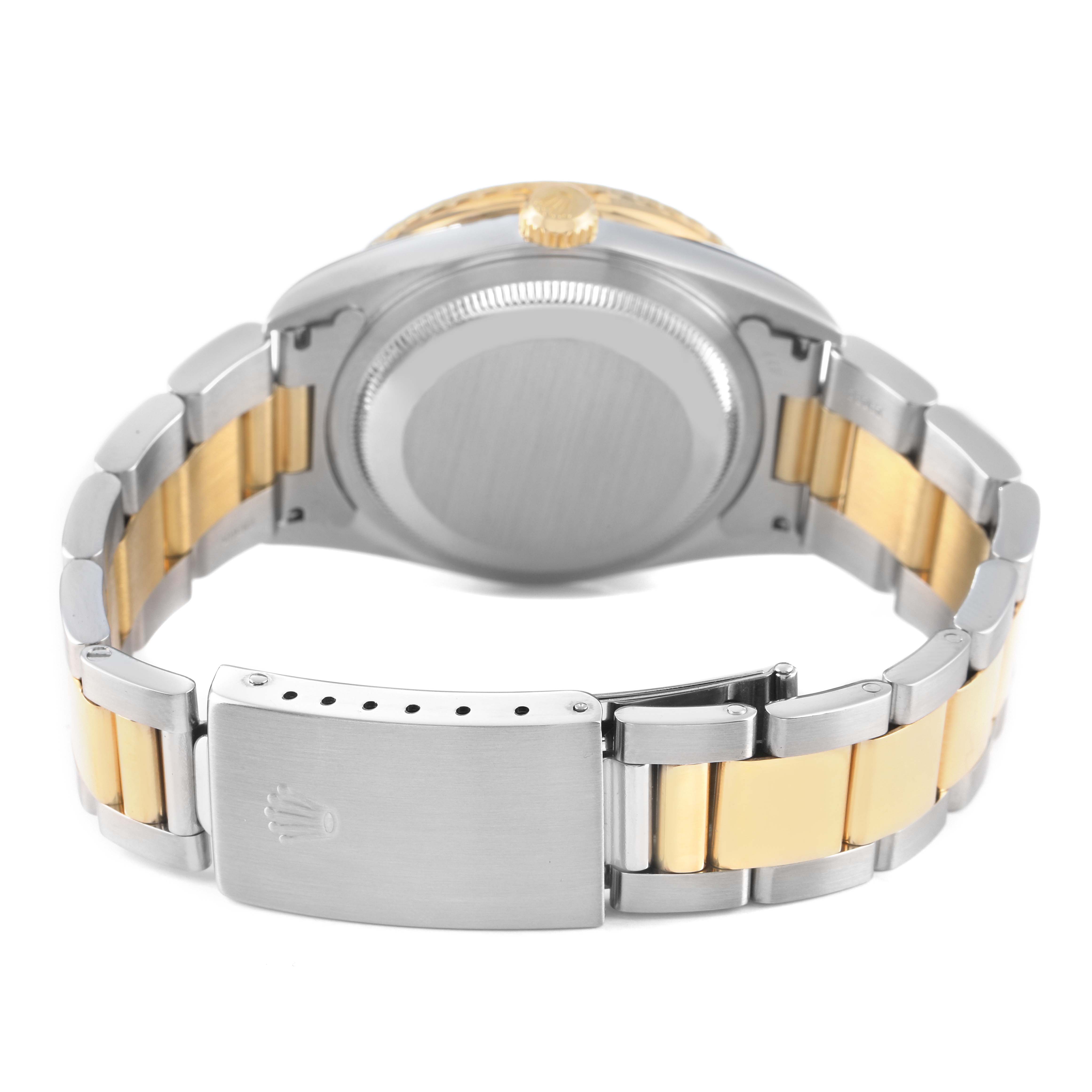 The image shows the back of a Rolex Turn-o-Graph 16263 Men's Steel and Gold (two tone) Mother of Pearl Dial watch, highlighting the bracelet, clasp, and case back.