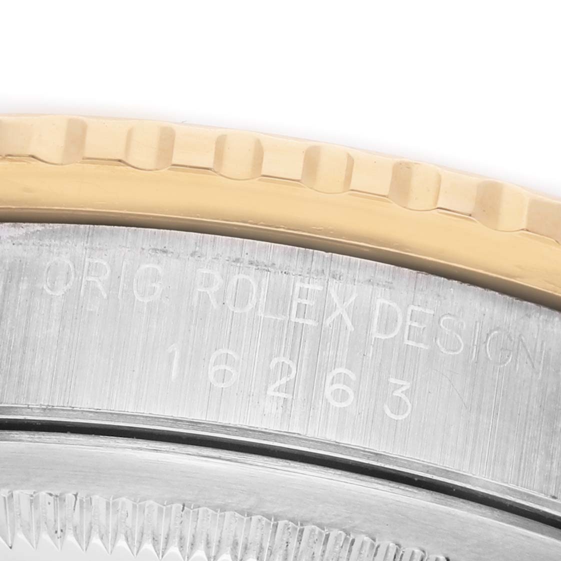 The image shows a close-up of the bezel and edge of the Rolex Turn-o-Graph 16263 Men's Steel and Gold (two tone) Mother of Pearl Dial watch, highlighting the model number engraving.