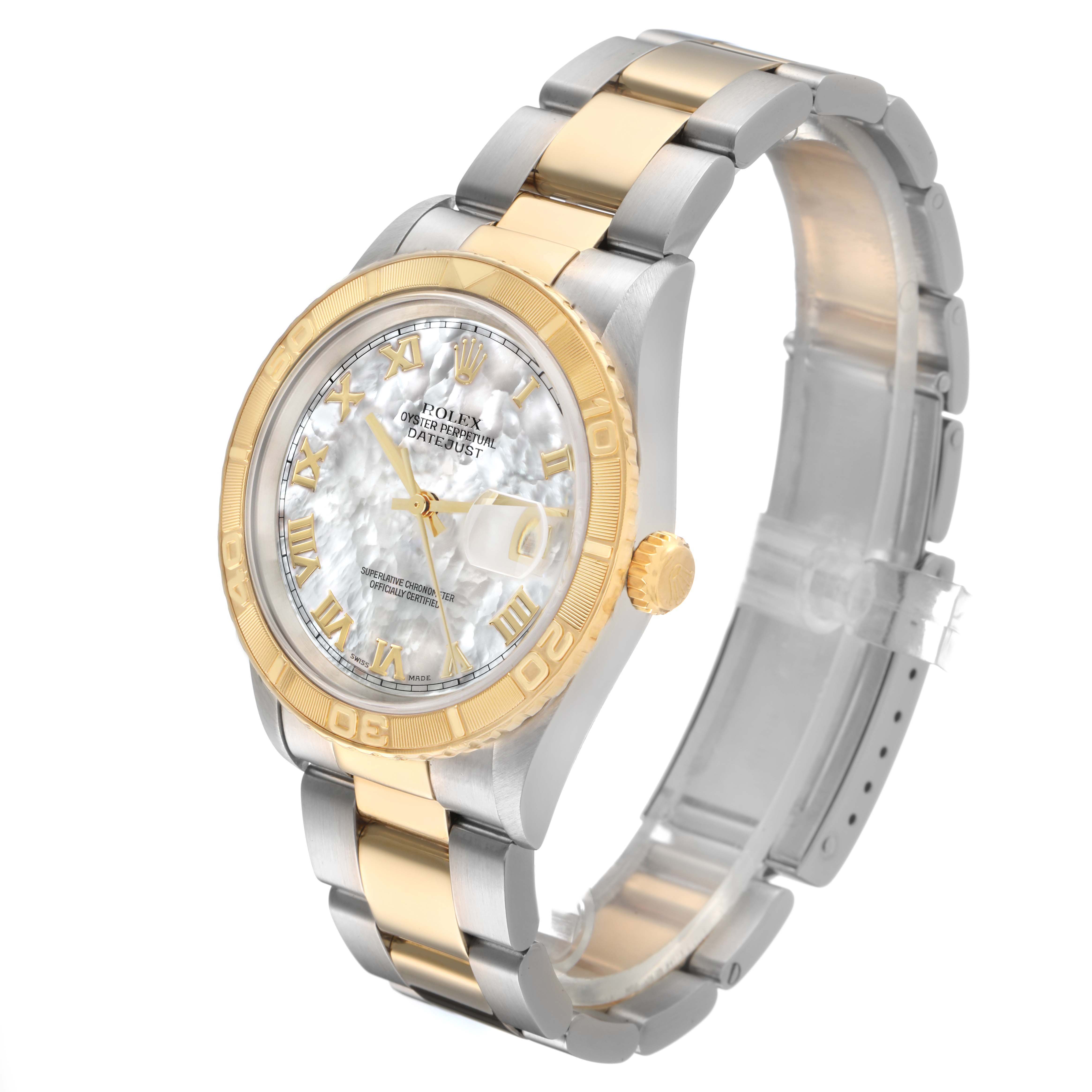 The Rolex Turn-o-Graph 16263 Men's Steel and Gold (two tone) Mother of Pearl Dial watch is shown at a three-quarter angle, displaying the face, bezel, crown, and bracelet.
