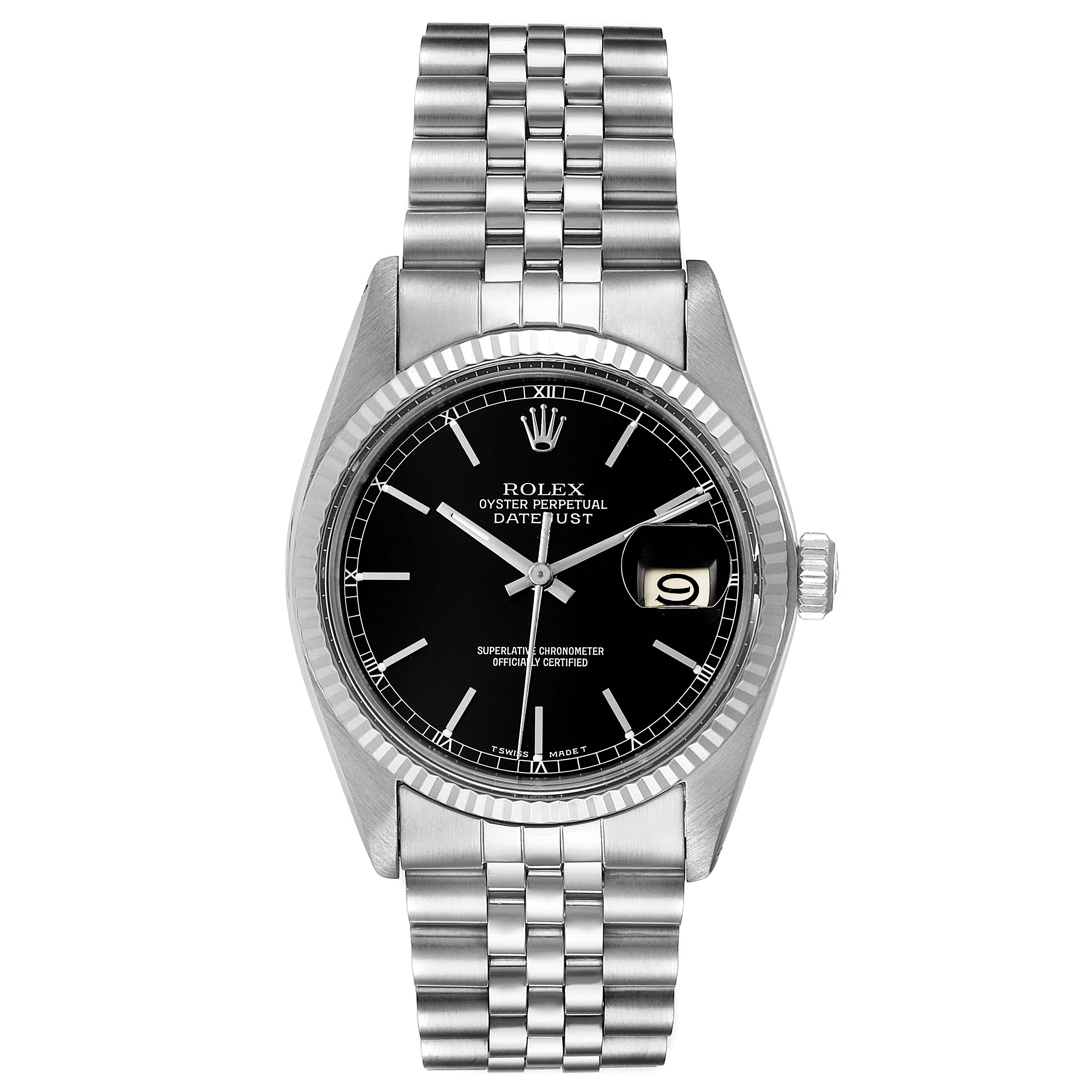 The image shows a front view of the Rolex Vintage Collection 16014 Men's Stainless Steel Black Dial 16014 Men's Stainless Steel Black Dial Oyster Perpetual Datejust with a silver bracelet and black dial.