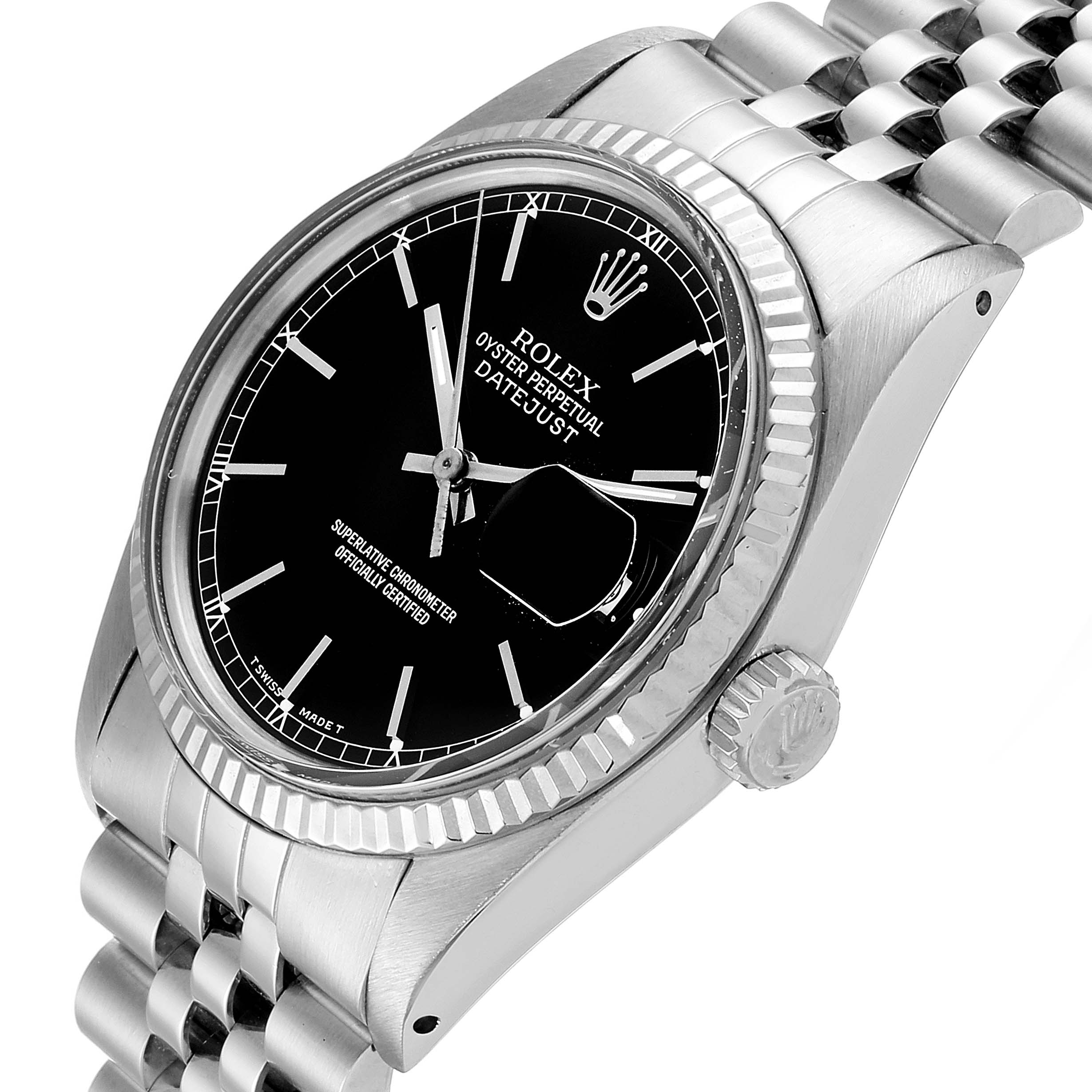 This image shows a side angle of the Rolex Vintage Collection 16014 Men's Stainless Steel Black Dial 16014 Men's Stainless Steel Black Dial Datejust, highlighting the dial, crown, and part of the bracelet.