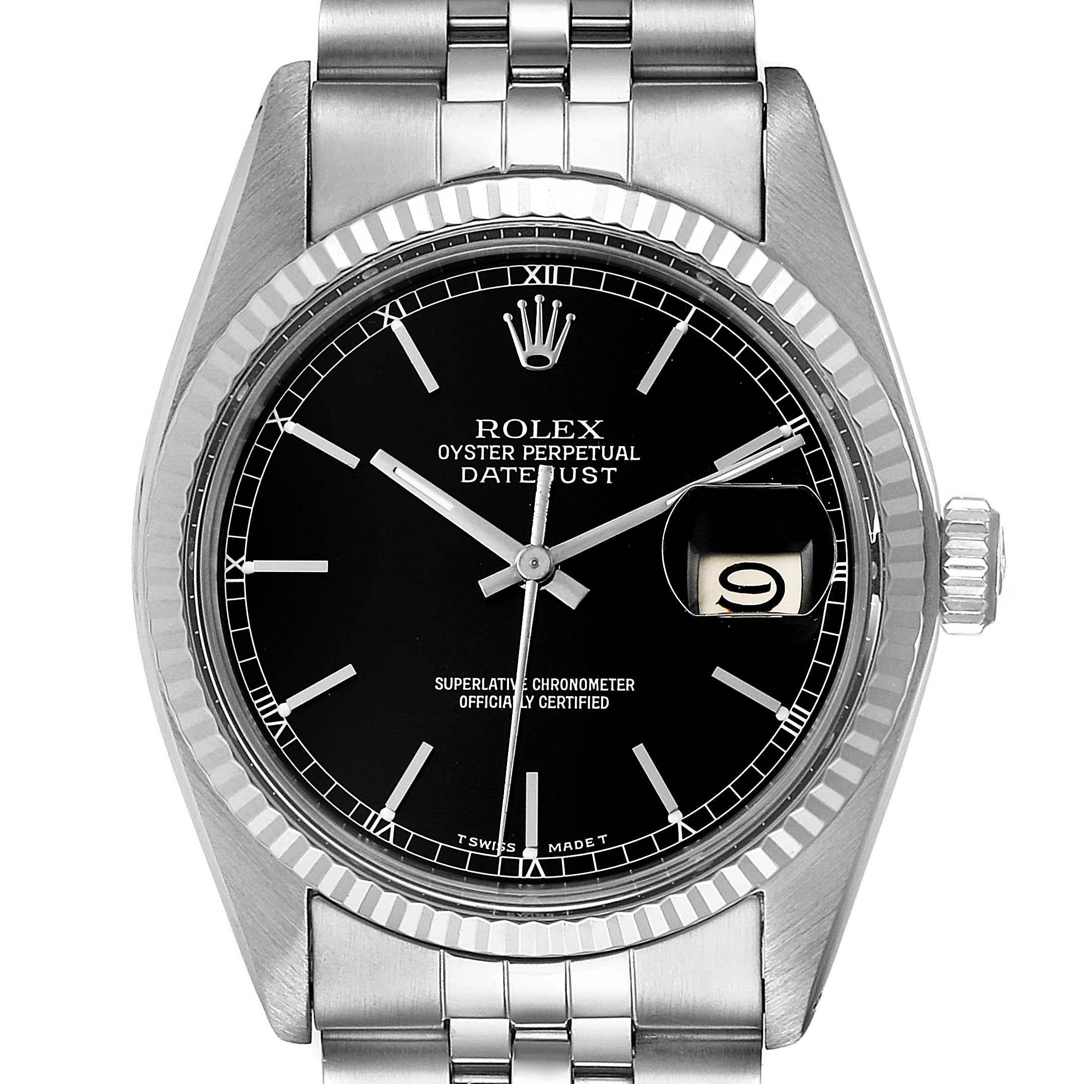 This image shows a front view of the Rolex Vintage Collection 16014 Men's Stainless Steel Black Dial 16014 Men's Stainless Steel Black Dial Datejust featuring a black dial, stick markers, and a date magnifier.