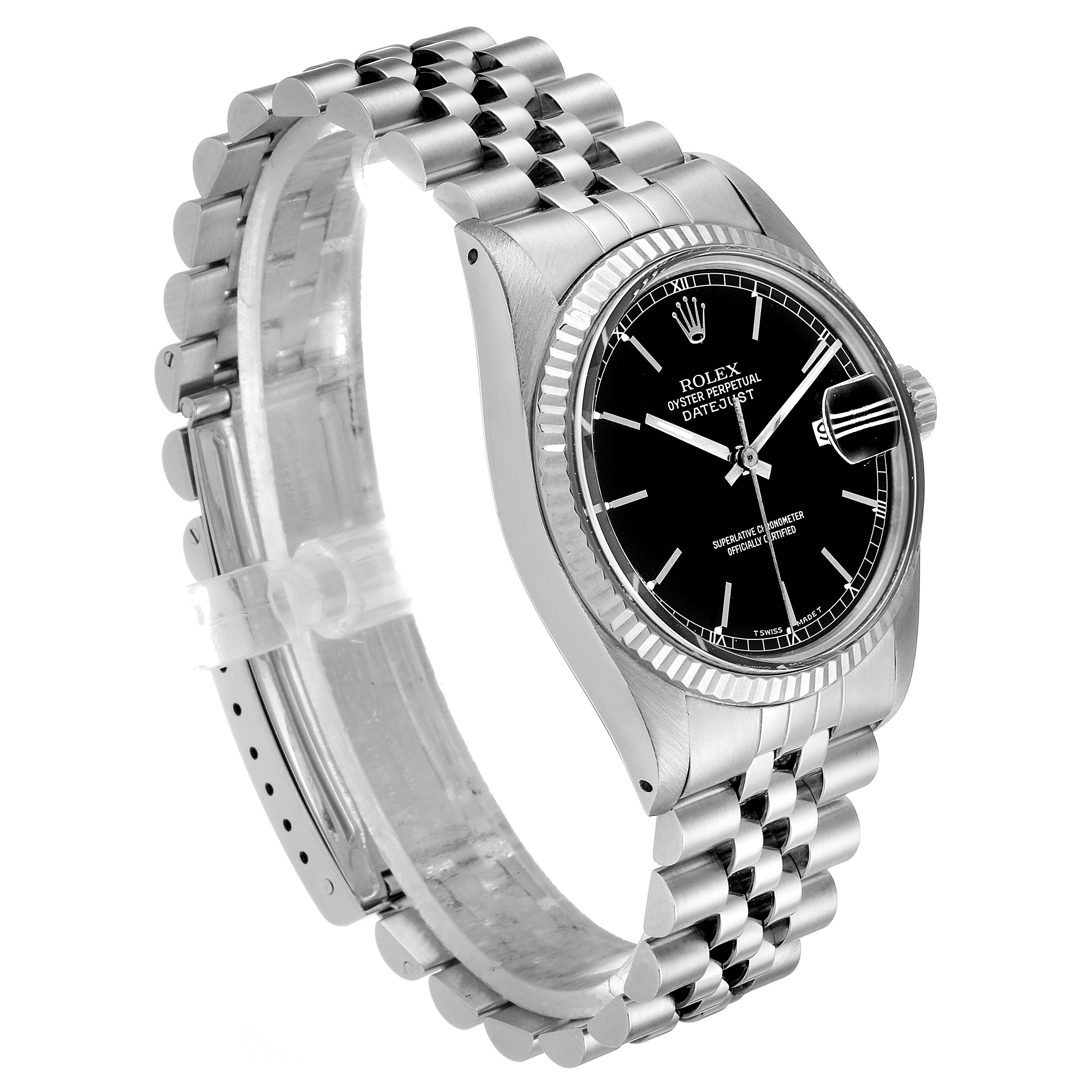 The image shows a side angle of the Rolex Vintage Collection 16014 Men's Stainless Steel Black Dial 16014 Men's Stainless Steel Black Dial watch, displaying the face, bezel, and metal bracelet.