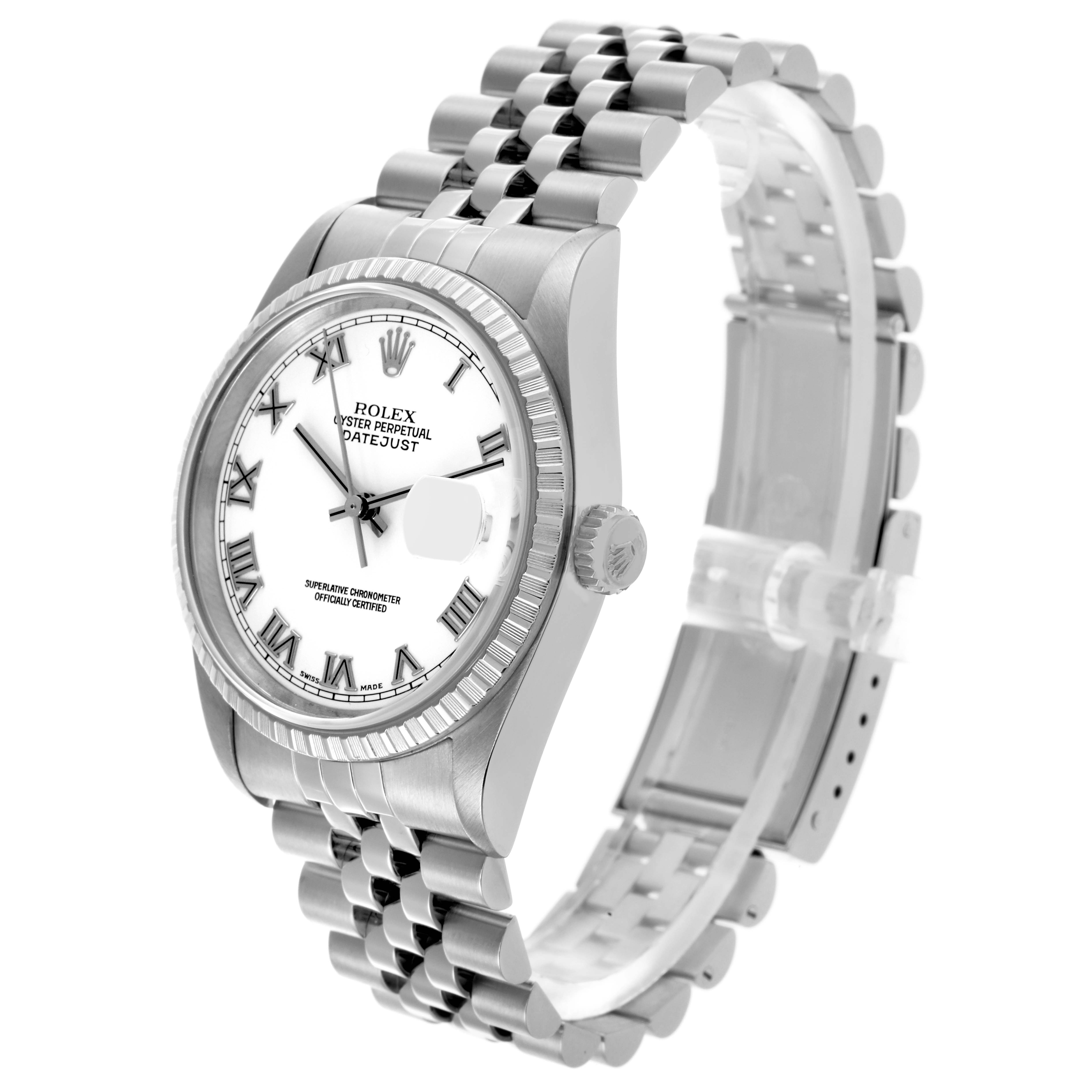 The Rolex Datejust 16220 Men's Stainless Steel White Dial 16220 Men's Stainless Steel White Dial watch is shown at a three-quarter angle, displaying the face, bezel, crown, and bracelet.