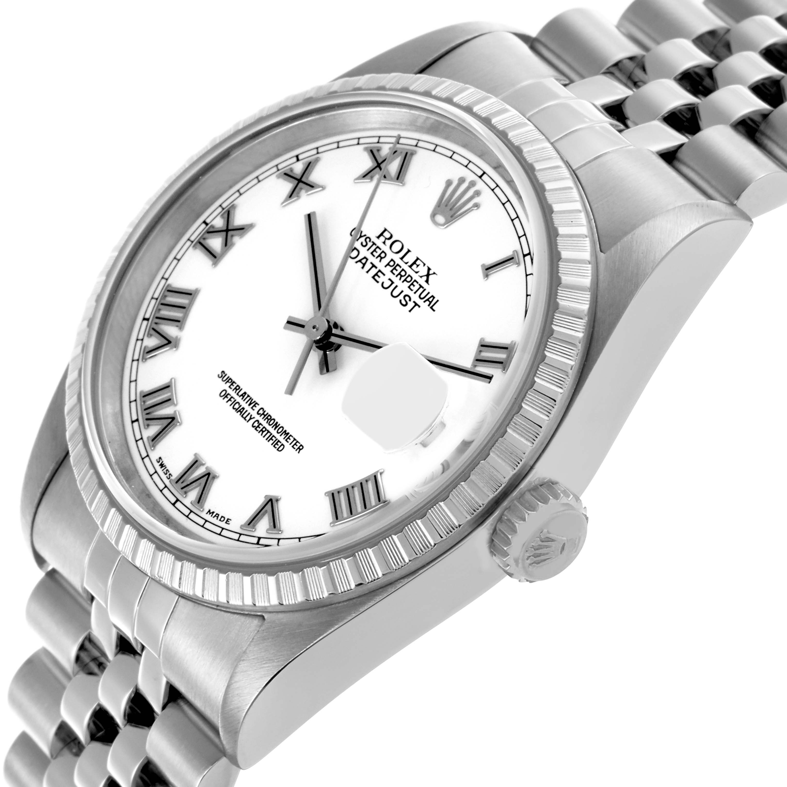 The Rolex Datejust 16220 Men's Stainless Steel White Dial 16220 Men's Stainless Steel White Dial watch is shown at an angle highlighting the dial, bezel, crown, and part of the bracelet.