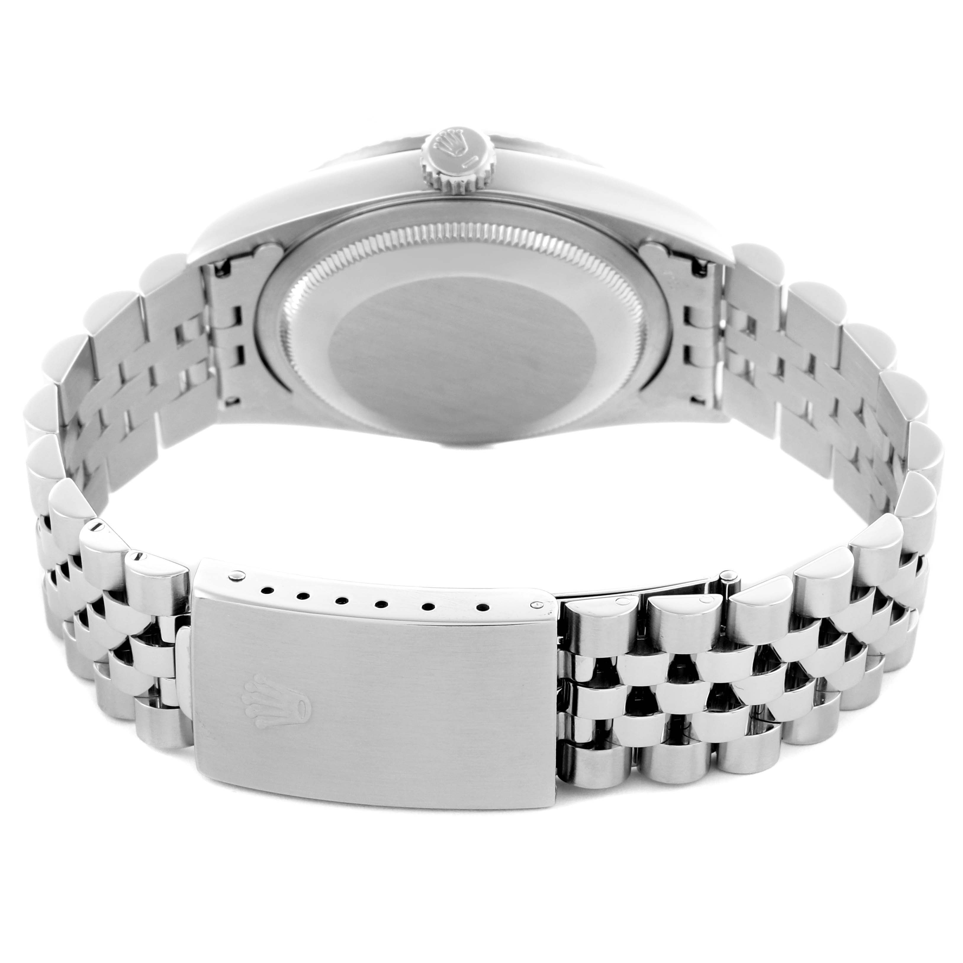 The image shows a Rolex Datejust 16220 Men's Stainless Steel White Dial 16220 Men's Stainless Steel White Dial watch from the back, highlighting the bracelet, clasp, and case back.