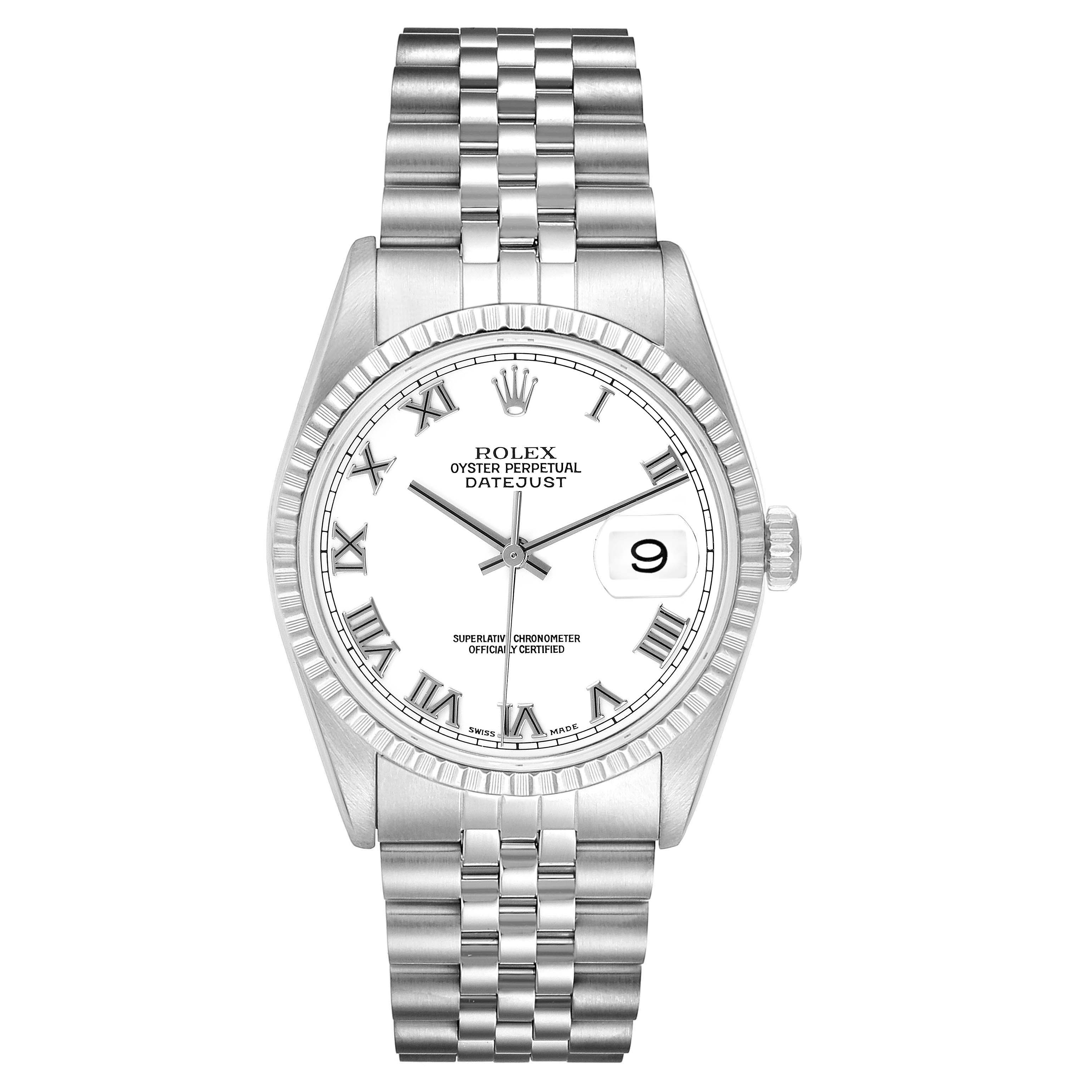 The image shows a Rolex Datejust 16220 Men's Stainless Steel White Dial 16220 Men's Stainless Steel White Dial watch from a front angle, displaying the dial, bezel, bracelet, and crown.