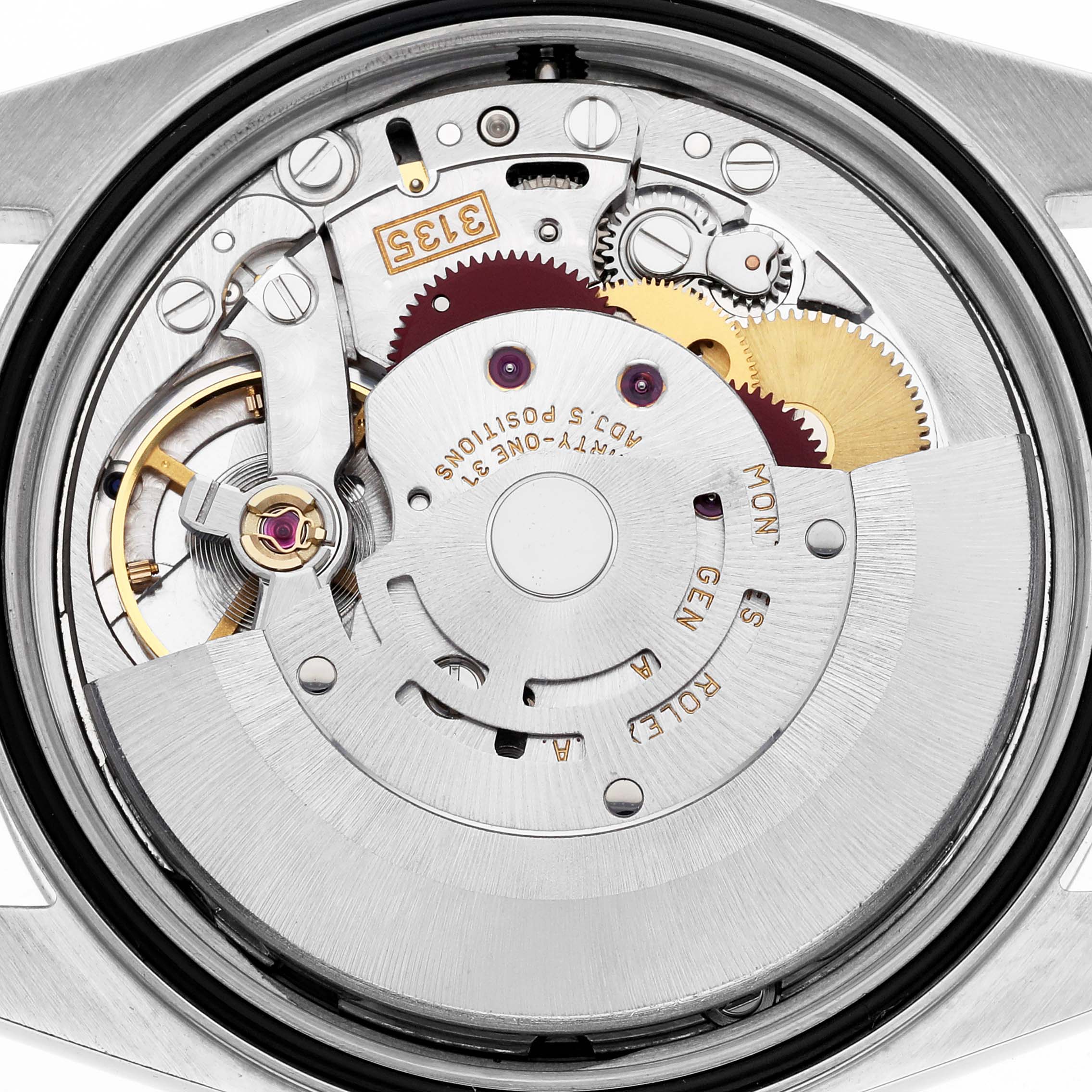 The image shows the movement of a Rolex Datejust 16220 Men's Stainless Steel White Dial 16220 Men's Stainless Steel White Dial, highlighting the intricate gears and rotor from a back view.