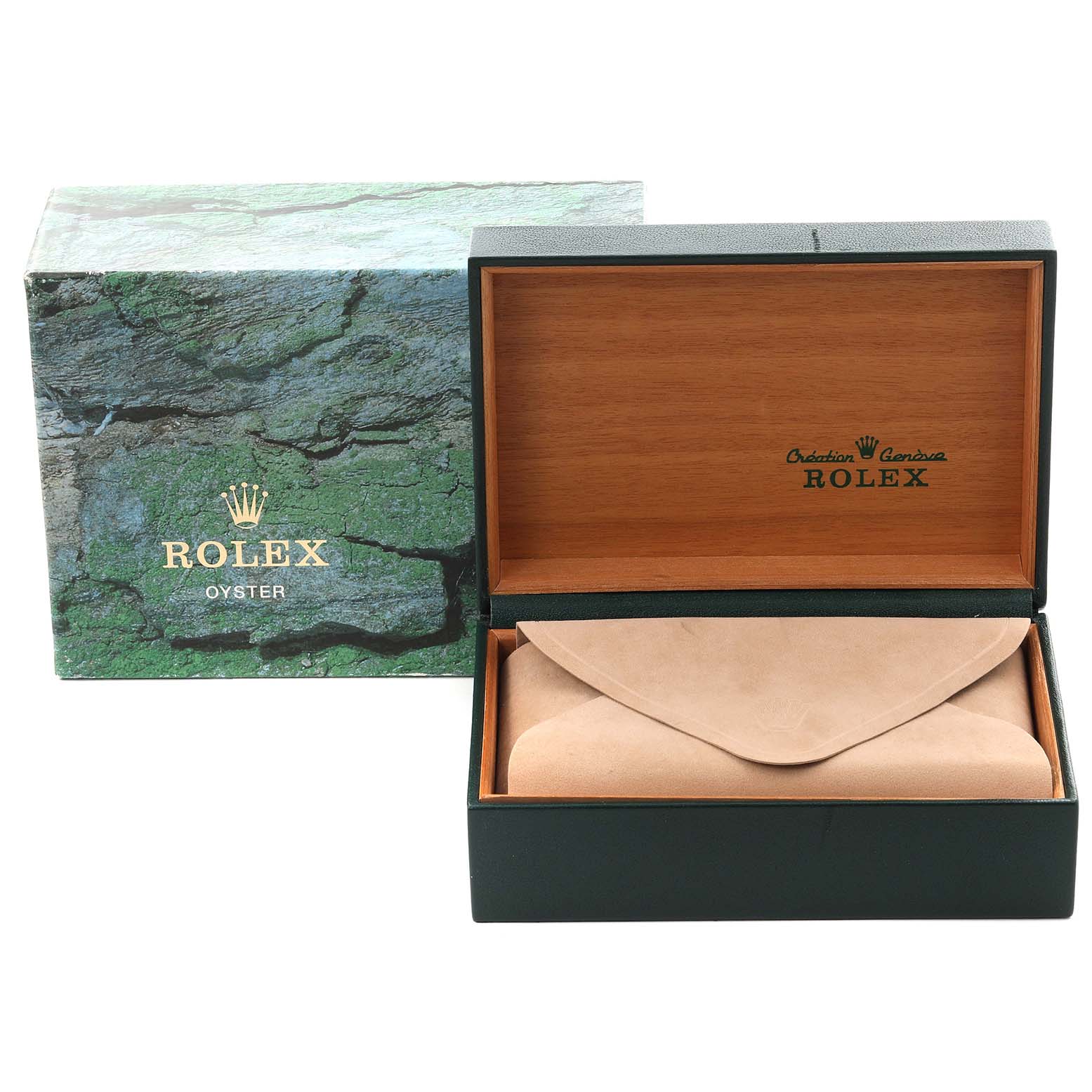 The image shows a Rolex Datejust 16220 Men's Stainless Steel White Dial 16220 Men's Stainless Steel White Dial watch box and pouch, with the outer packaging and inner wooden case displayed at an angle.