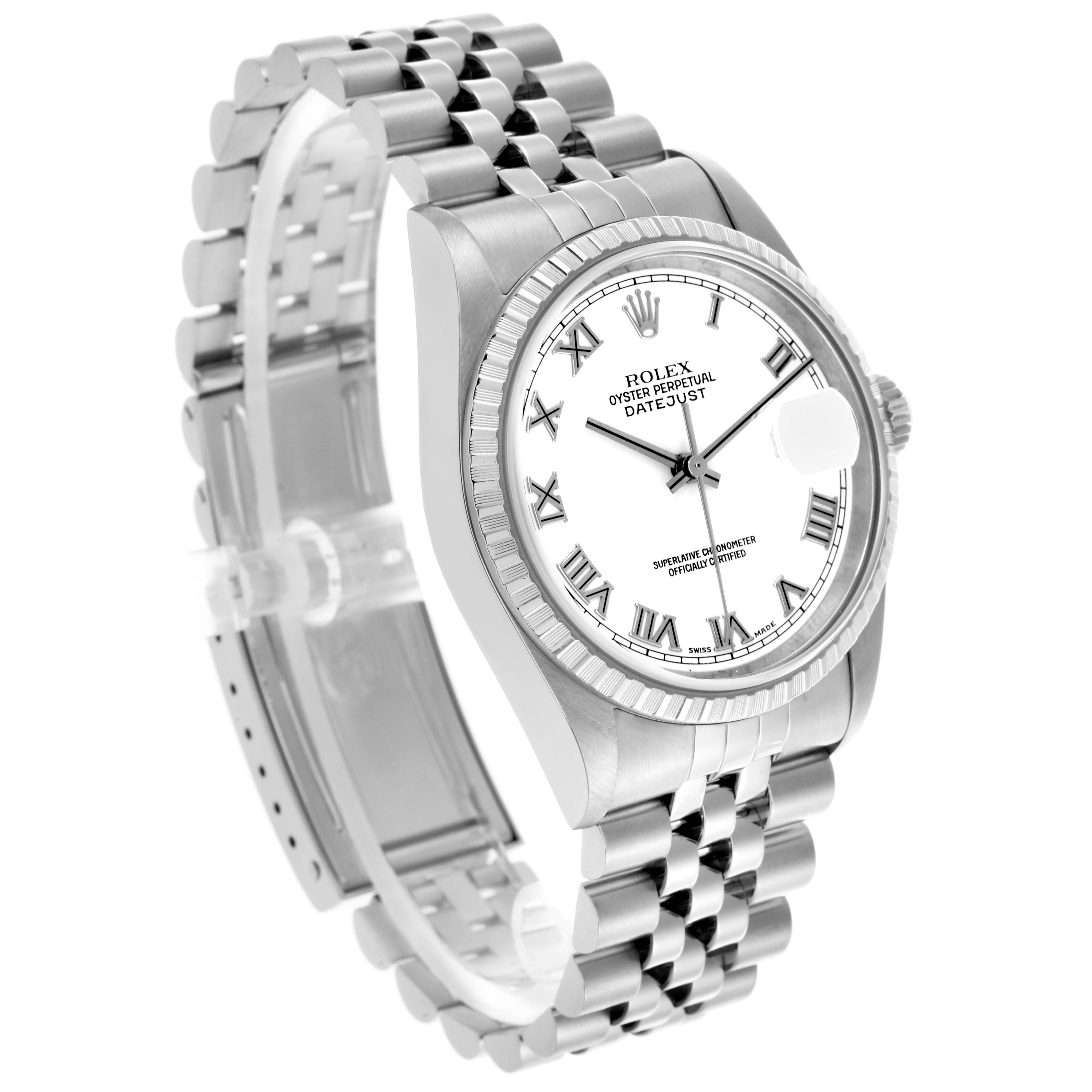 The Rolex Datejust 16220 Men's Stainless Steel White Dial 16220 Men's Stainless Steel White Dial watch is shown at a three-quarter angle, highlighting the face, fluted bezel, crown, and Jubilee bracelet.