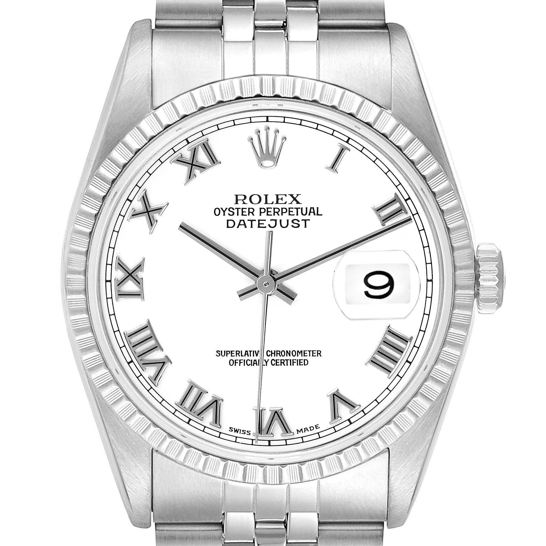 The Rolex Datejust 16220 Men's Stainless Steel White Dial 16220 Men's Stainless Steel White Dial watch is shown from a front angle, displaying the dial, bezel, and bracelet.