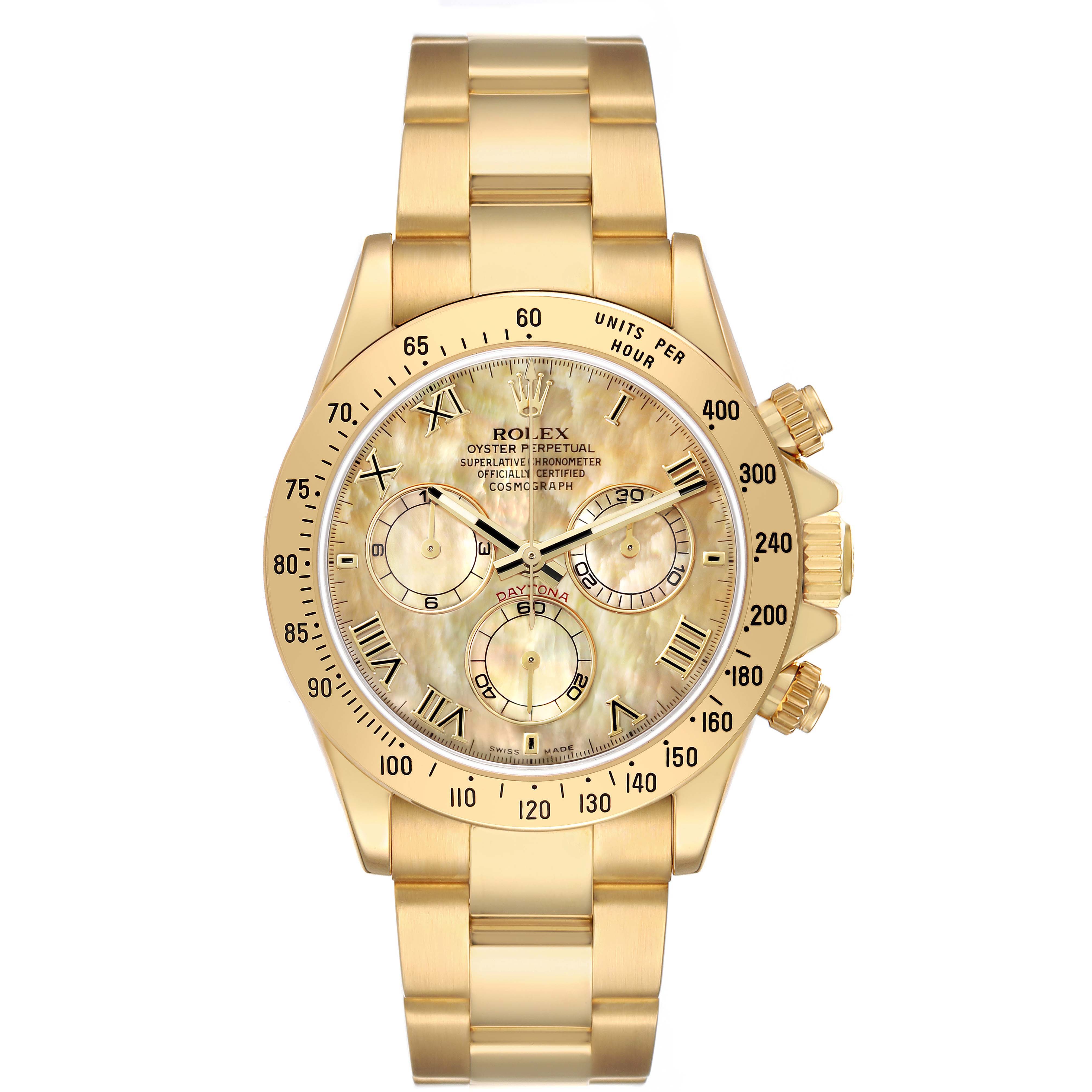 The Rolex Daytona 116528 Men's Yellow Gold Mother of Pearl Dial watch is shown from the front, highlighting the dial, bezel, and band.