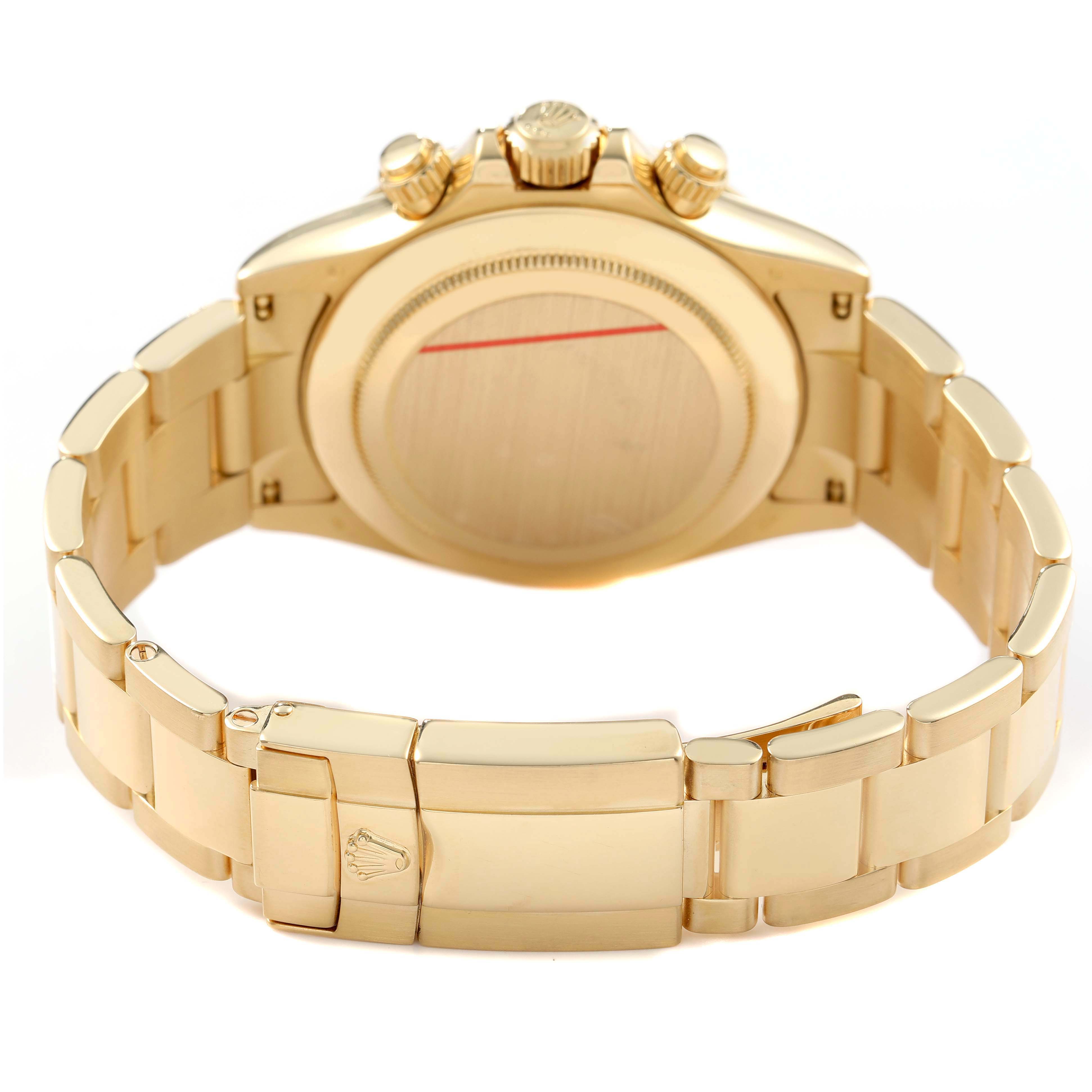 The image shows the back view of a Rolex Daytona 116528 Men's Yellow Gold Mother of Pearl Dial, highlighting the case back, bracelet, and clasp.