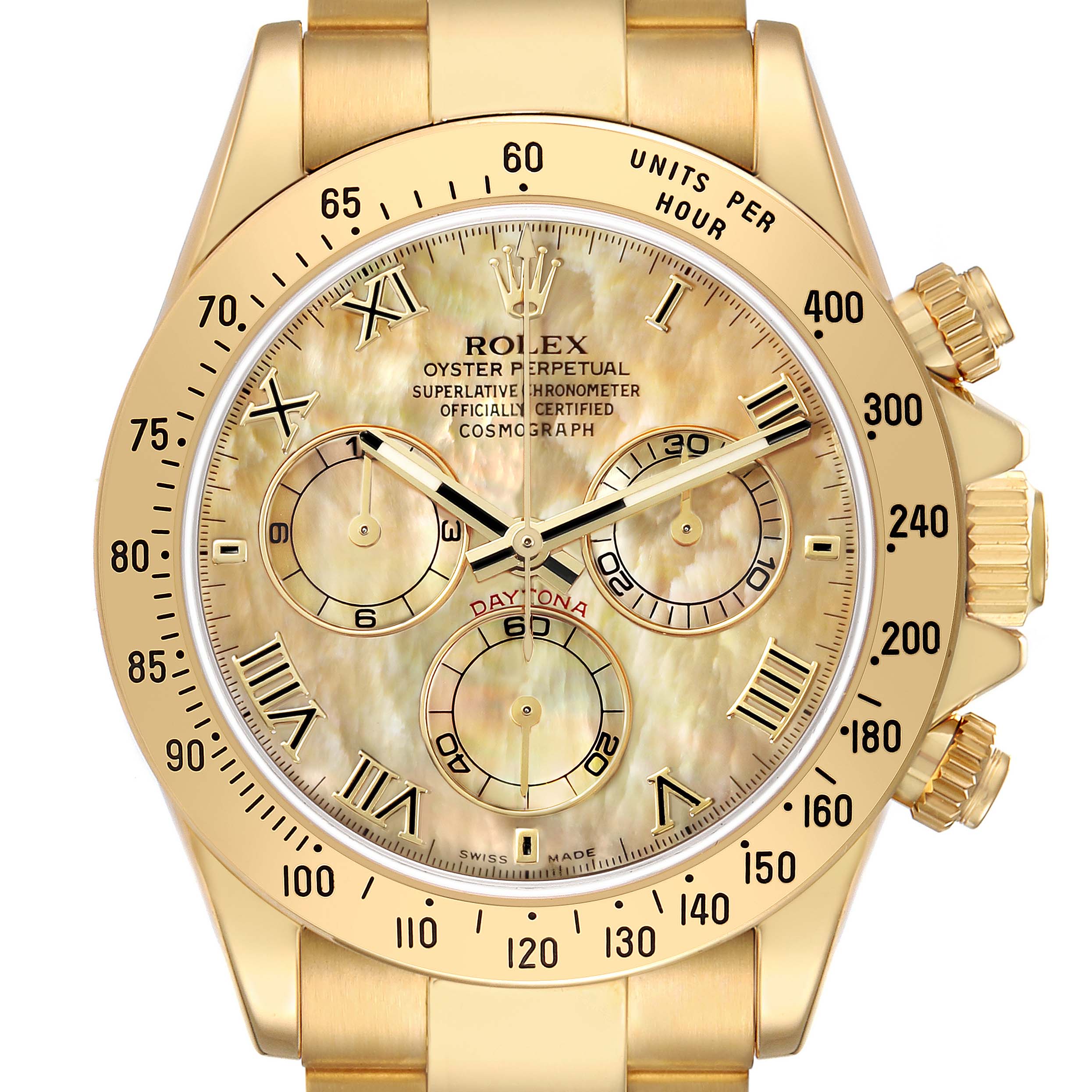 The Rolex Daytona 116528 Men's Yellow Gold Mother of Pearl Dial watch is shown from a front angle, highlighting the bezel, dial, and subdials.
