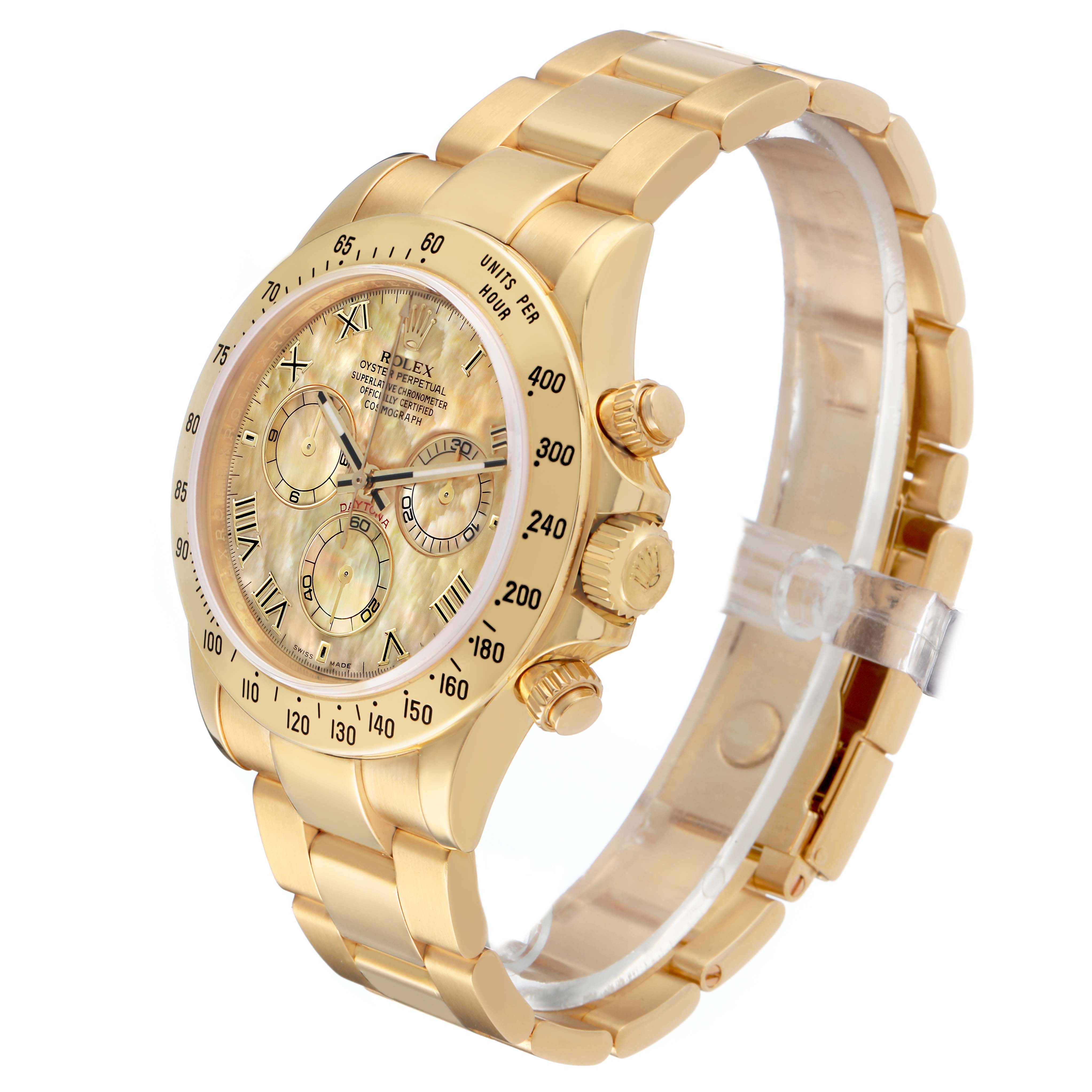 The Rolex Daytona 116528 Men's Yellow Gold Mother of Pearl Dial watch is shown at a three-quarter angle, highlighting the face, bezel, buttons, and bracelet.