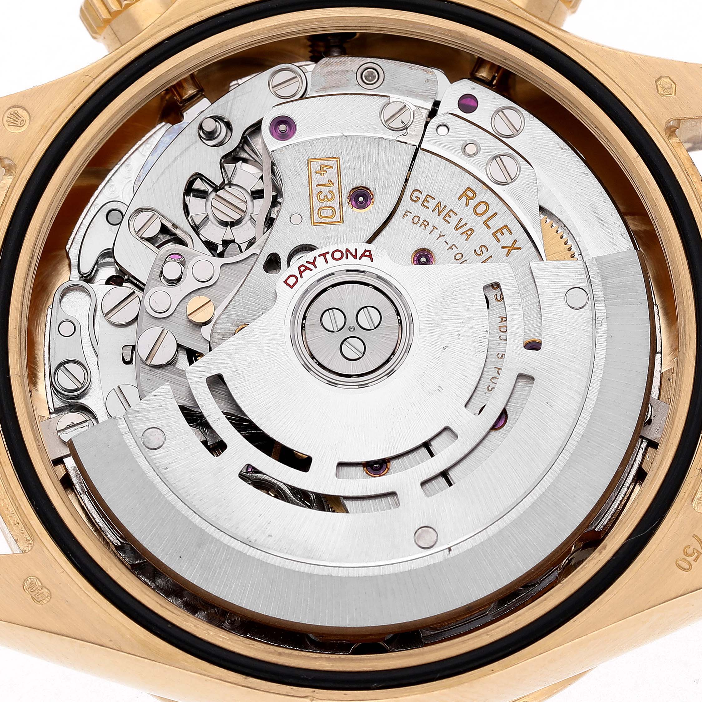 The image shows the back of a Rolex Daytona 116528 Men's Yellow Gold Mother of Pearl Dial, highlighting its intricate movement and internal mechanics.