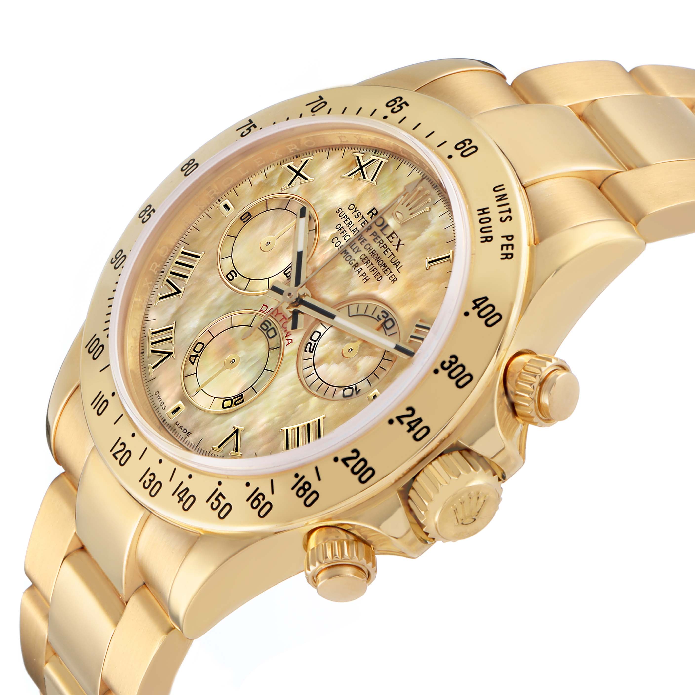 The Rolex Daytona 116528 Men's Yellow Gold Mother of Pearl Dial watch is shown at an oblique angle, highlighting the bezel, face, and side buttons.