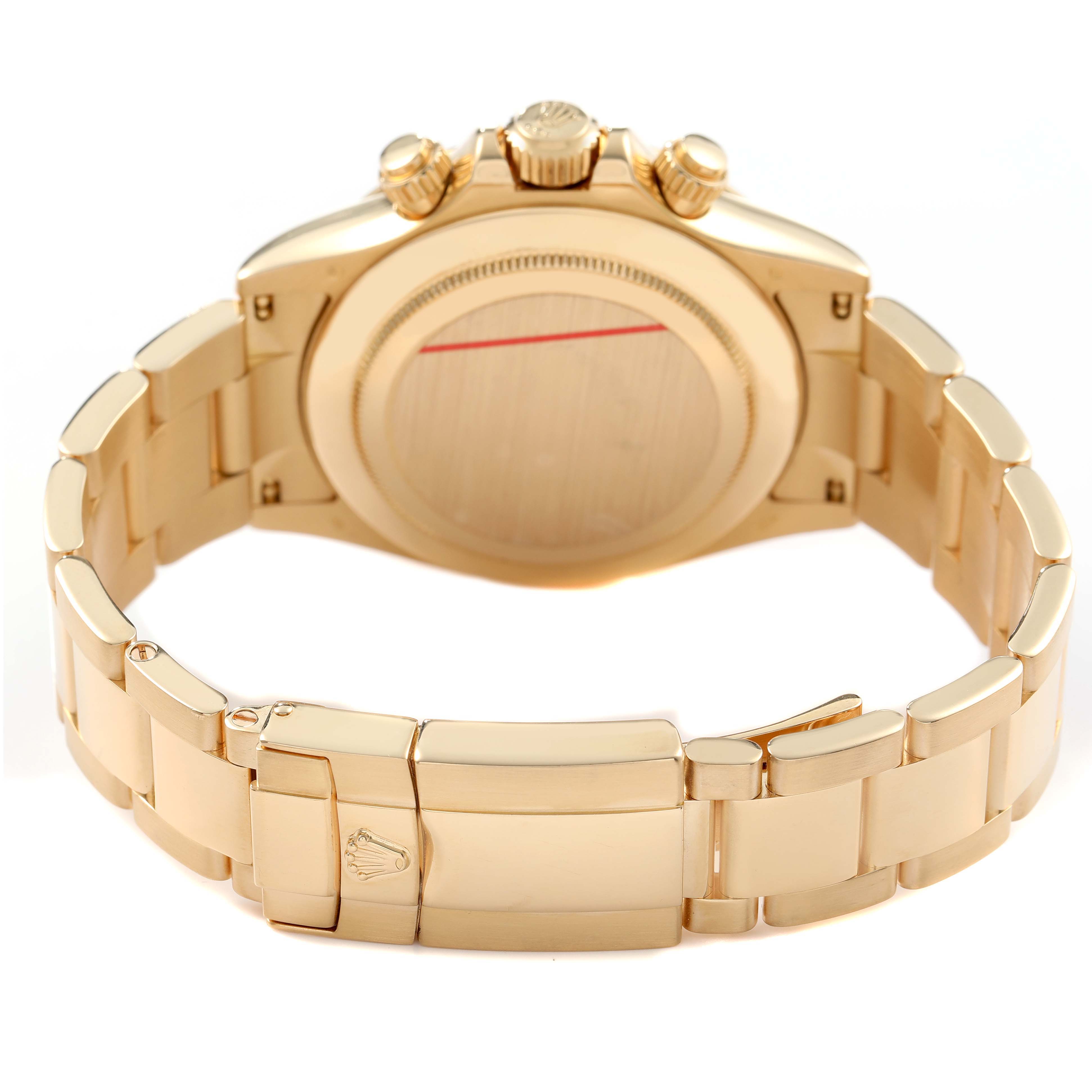 The image shows the back case and bracelet clasp of a Rolex Daytona 116528 Men's Yellow Gold Mother of Pearl Dial watch from a rear angle.