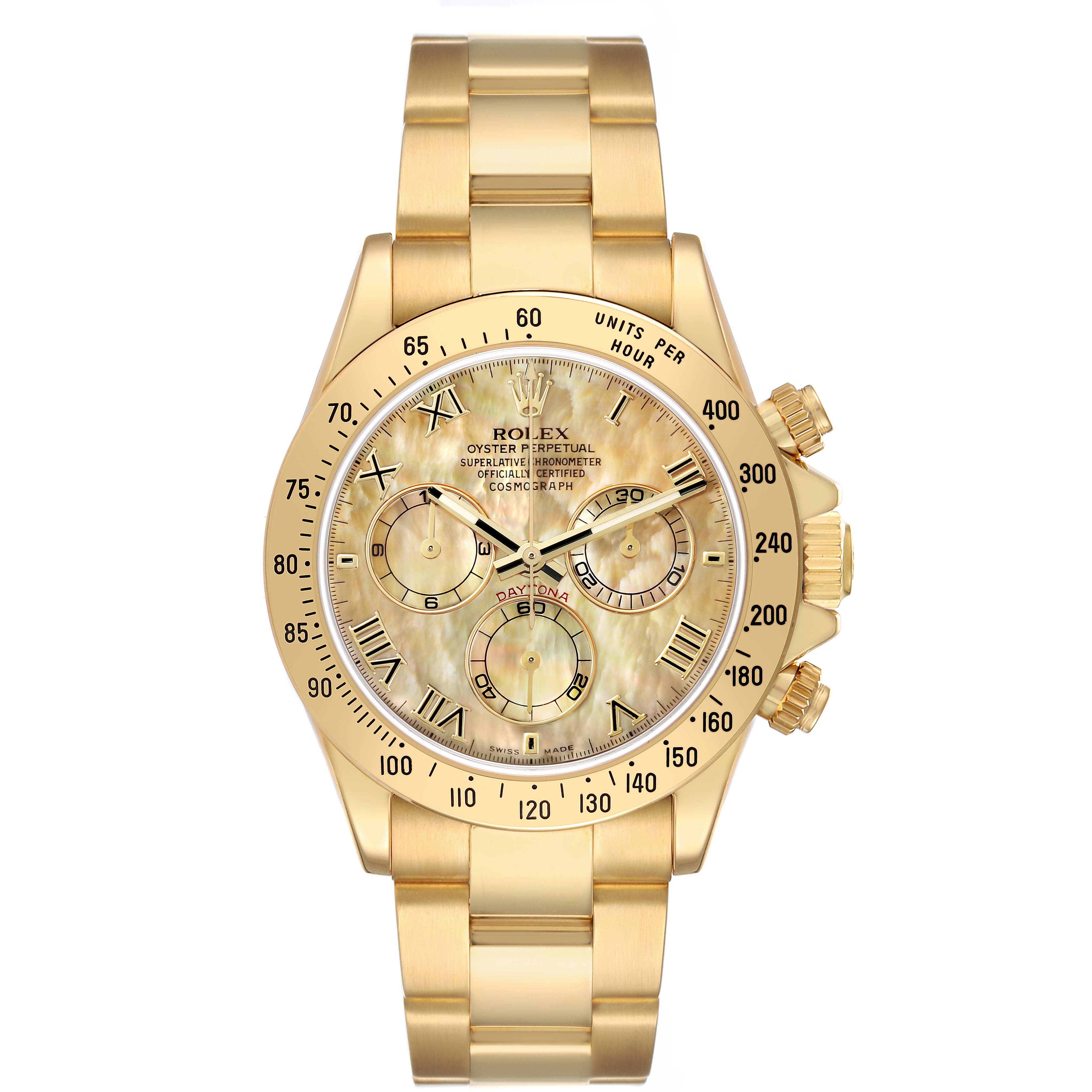The Rolex Daytona 116528 Men's Yellow Gold Mother of Pearl Dial watch is shown from a front angle, displaying the dial, sub-dials, bezel, and bracelet.