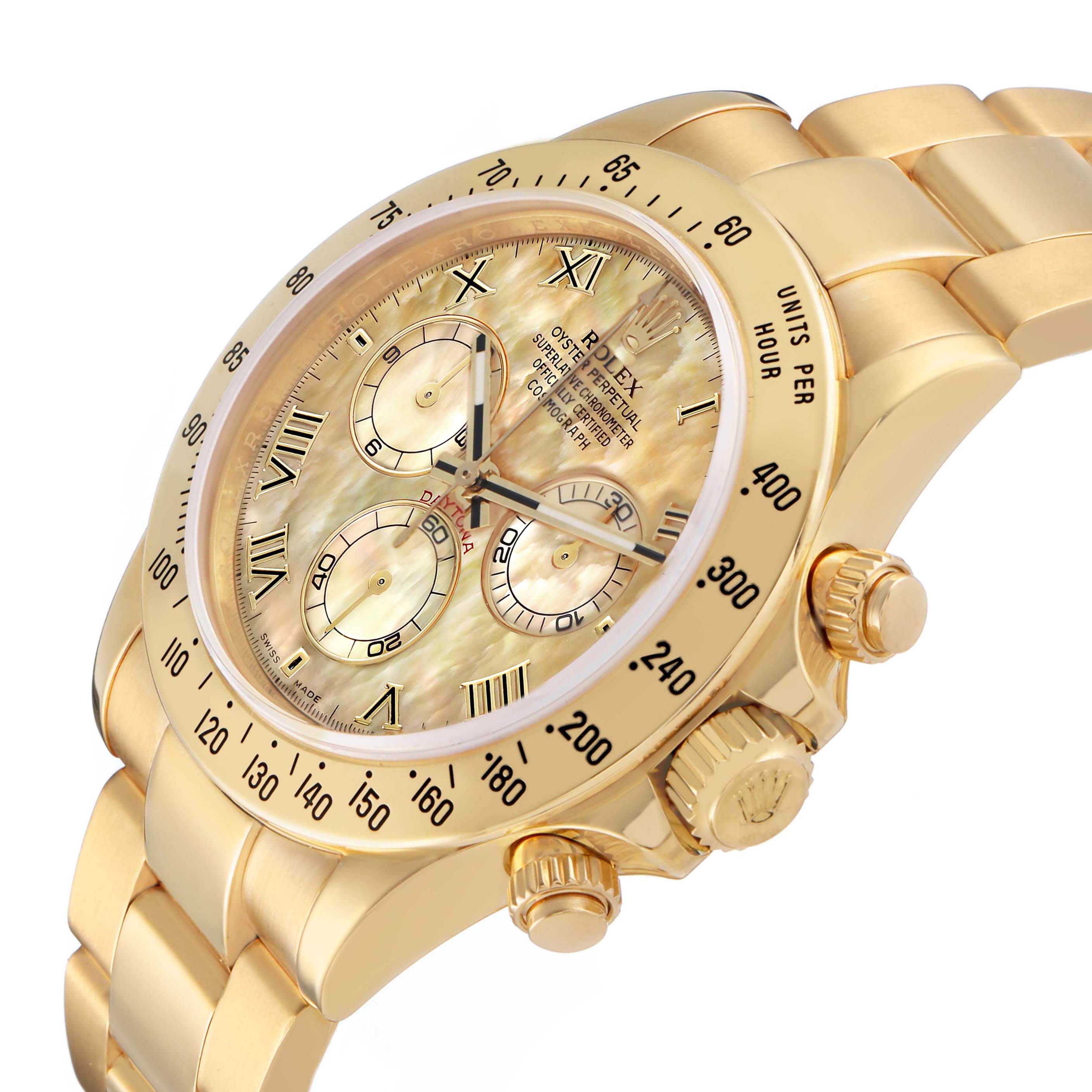 The Rolex Daytona 116528 Men's Yellow Gold Mother of Pearl Dial watch is shown at a three-quarter angle, highlighting the bezel, dial, crown, and part of the bracelet.