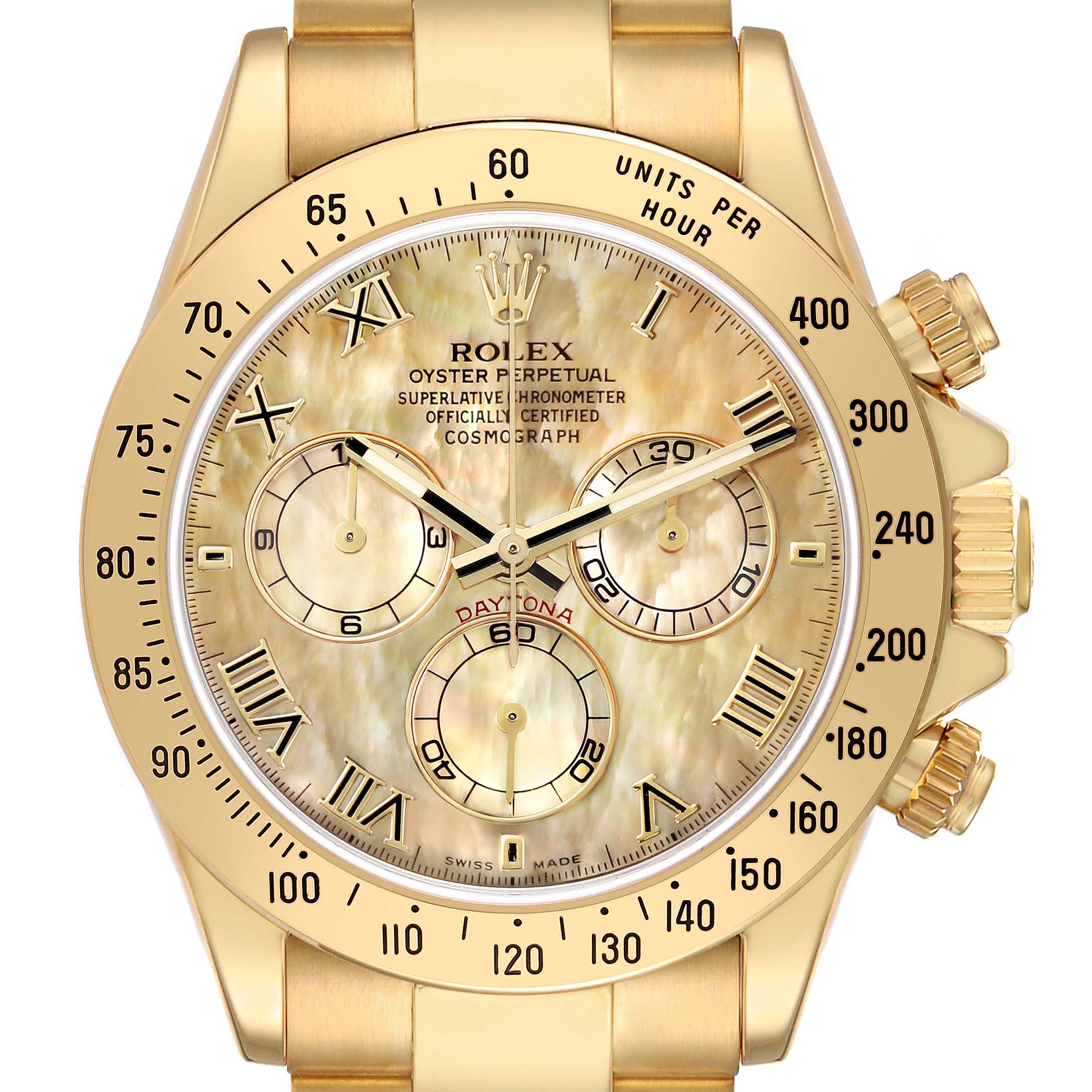 The image shows a frontal view of a Rolex Daytona 116528 Men's Yellow Gold Mother of Pearl Dial watch, highlighting its dial, subdials, and bezel detail.