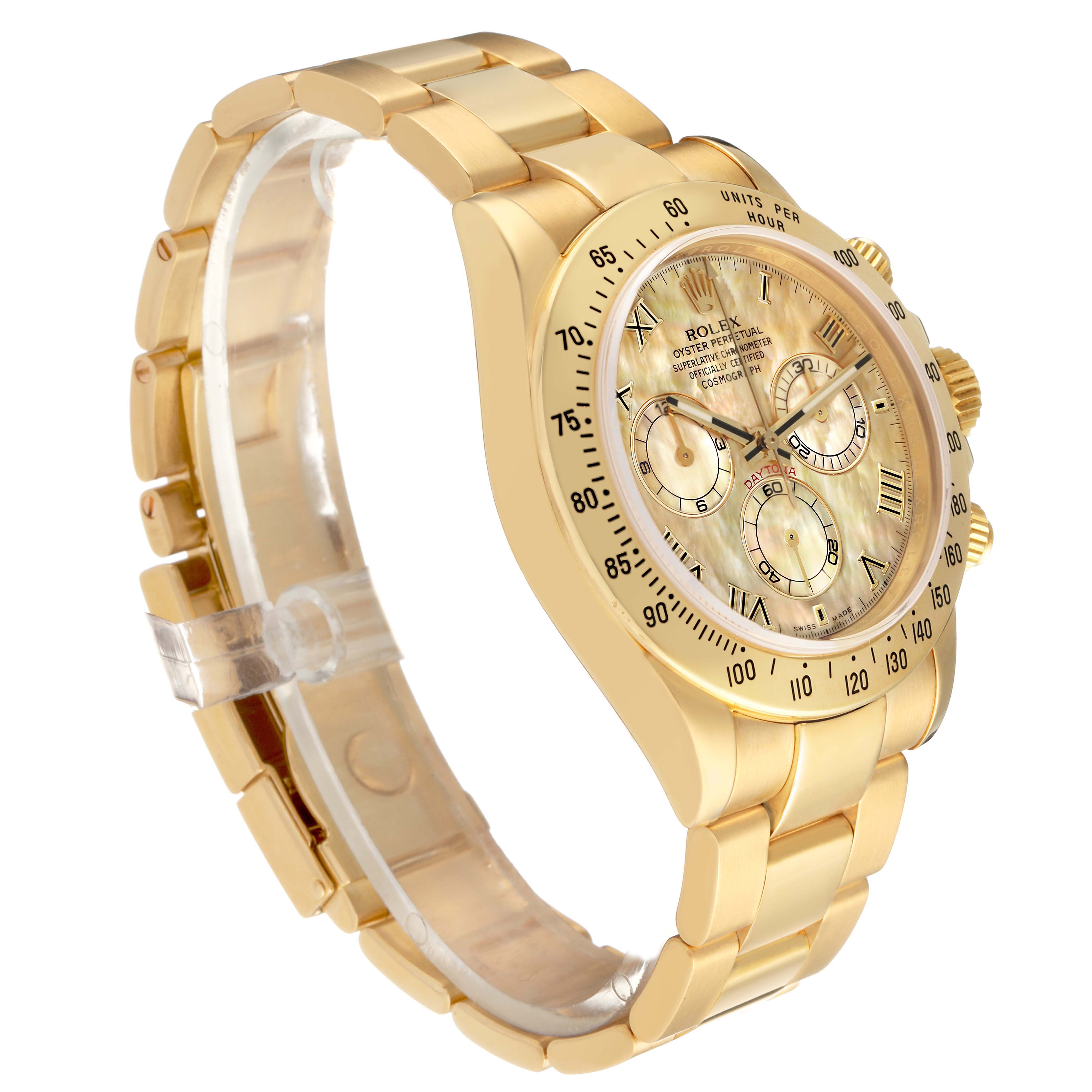The Rolex Daytona 116528 Men's Yellow Gold Mother of Pearl Dial watch is shown at a slight angle, displaying the face, bezel, crown, and part of the bracelet.