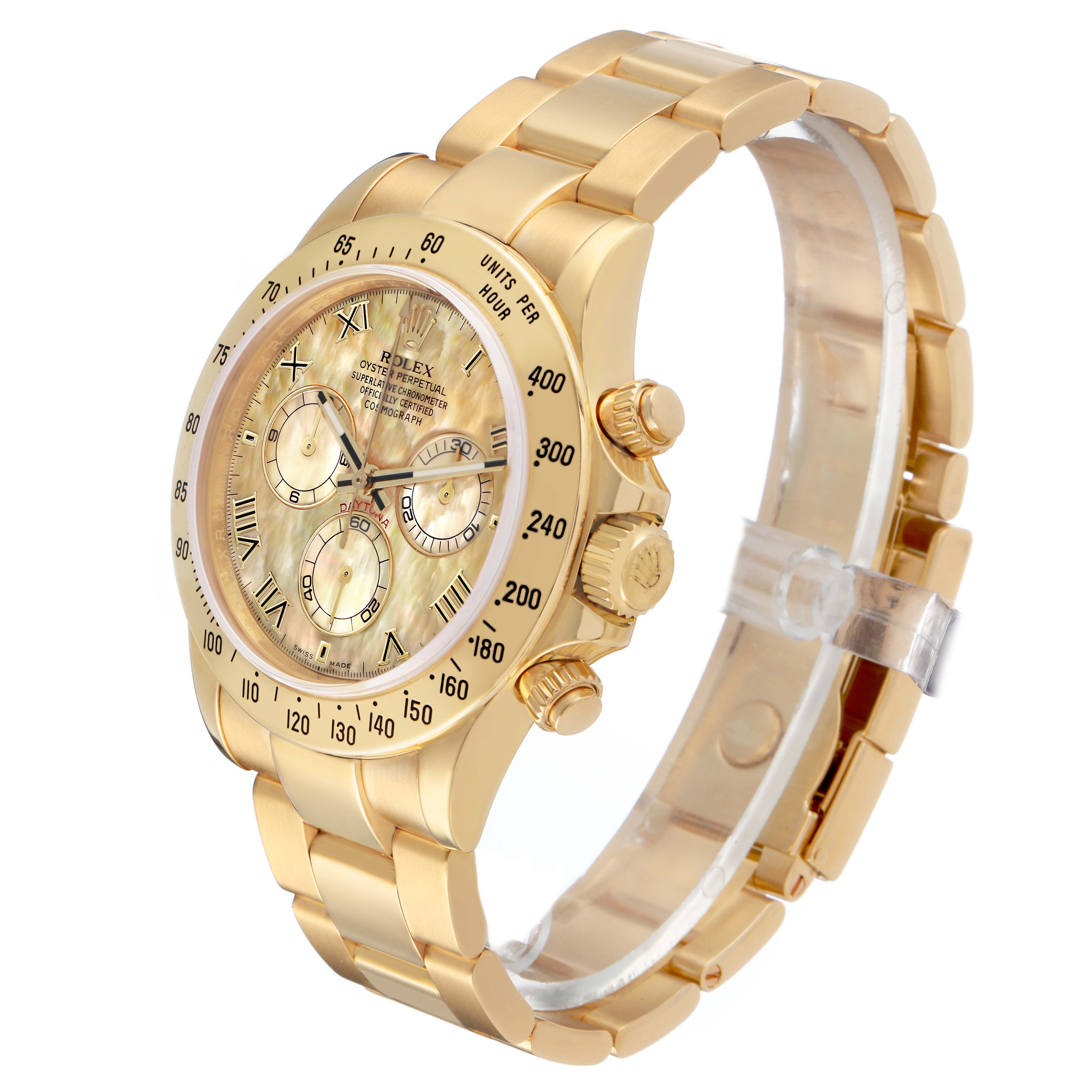 The Rolex Daytona 116528 Men's Yellow Gold Mother of Pearl Dial watch is shown from a three-quarter angle, highlighting the dial, bezel, pushers, and bracelet.