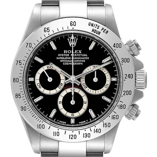 The Rolex Daytona 16520 Men's Stainless Steel Black Dial watch is shown from a front angle, highlighting the dial, bezel, sub-dials, and crown.