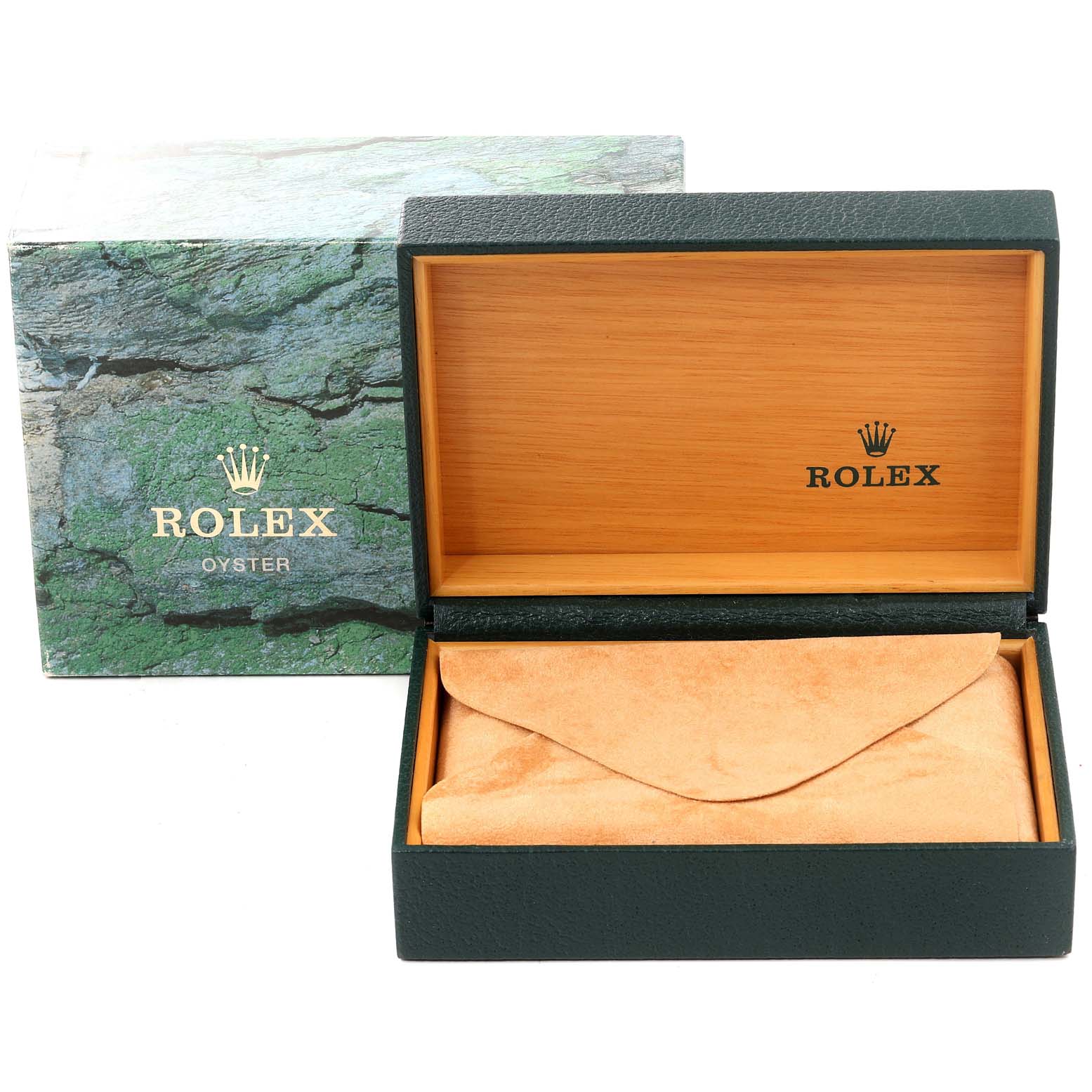 The image shows a Rolex Daytona 16520 Men's Stainless Steel Black Dial watch box and cover, featuring the brand logo and packaging materials.