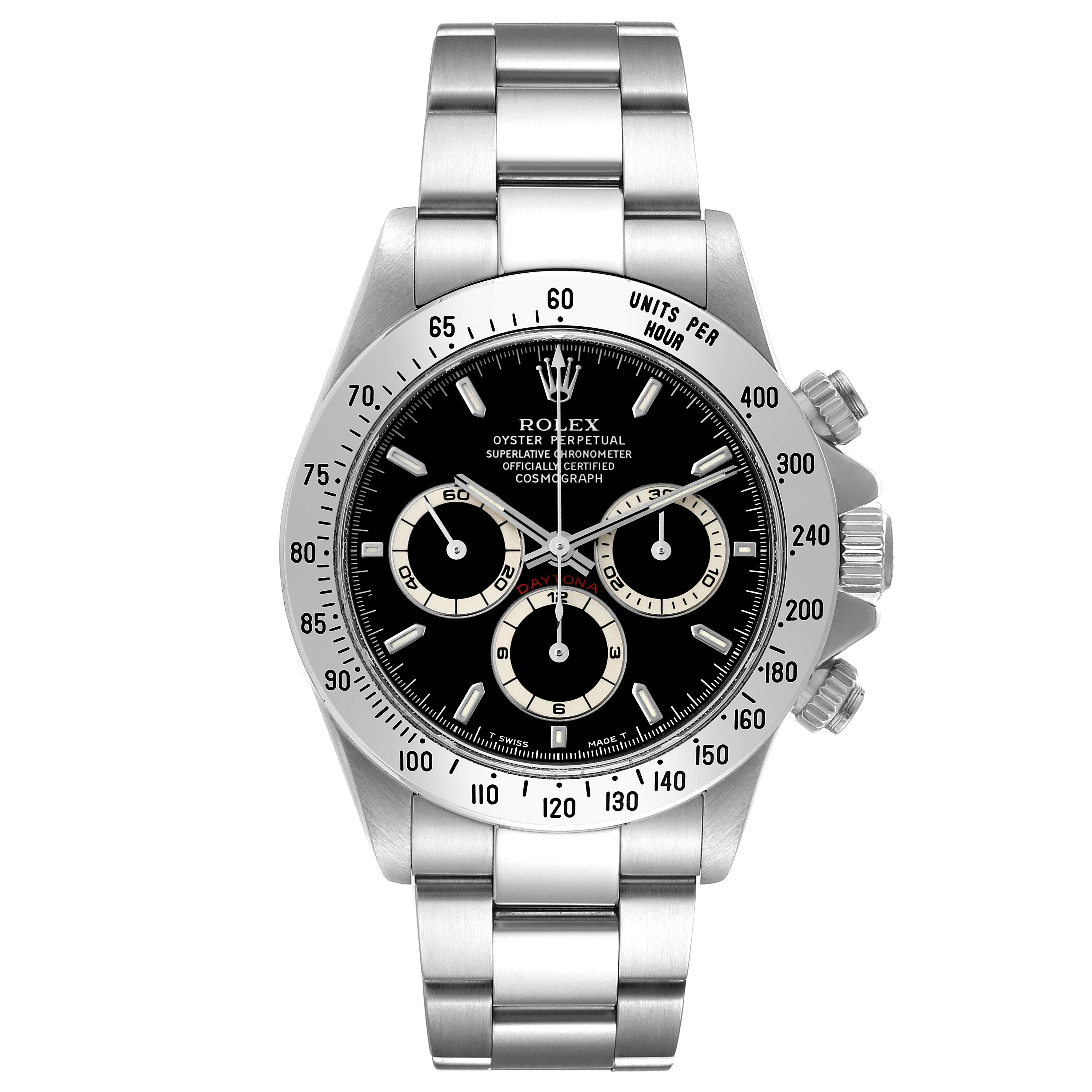 The Rolex Daytona 16520 Men's Stainless Steel Black Dial watch is shown from a front angle, displaying the face, bezel, and bracelet.