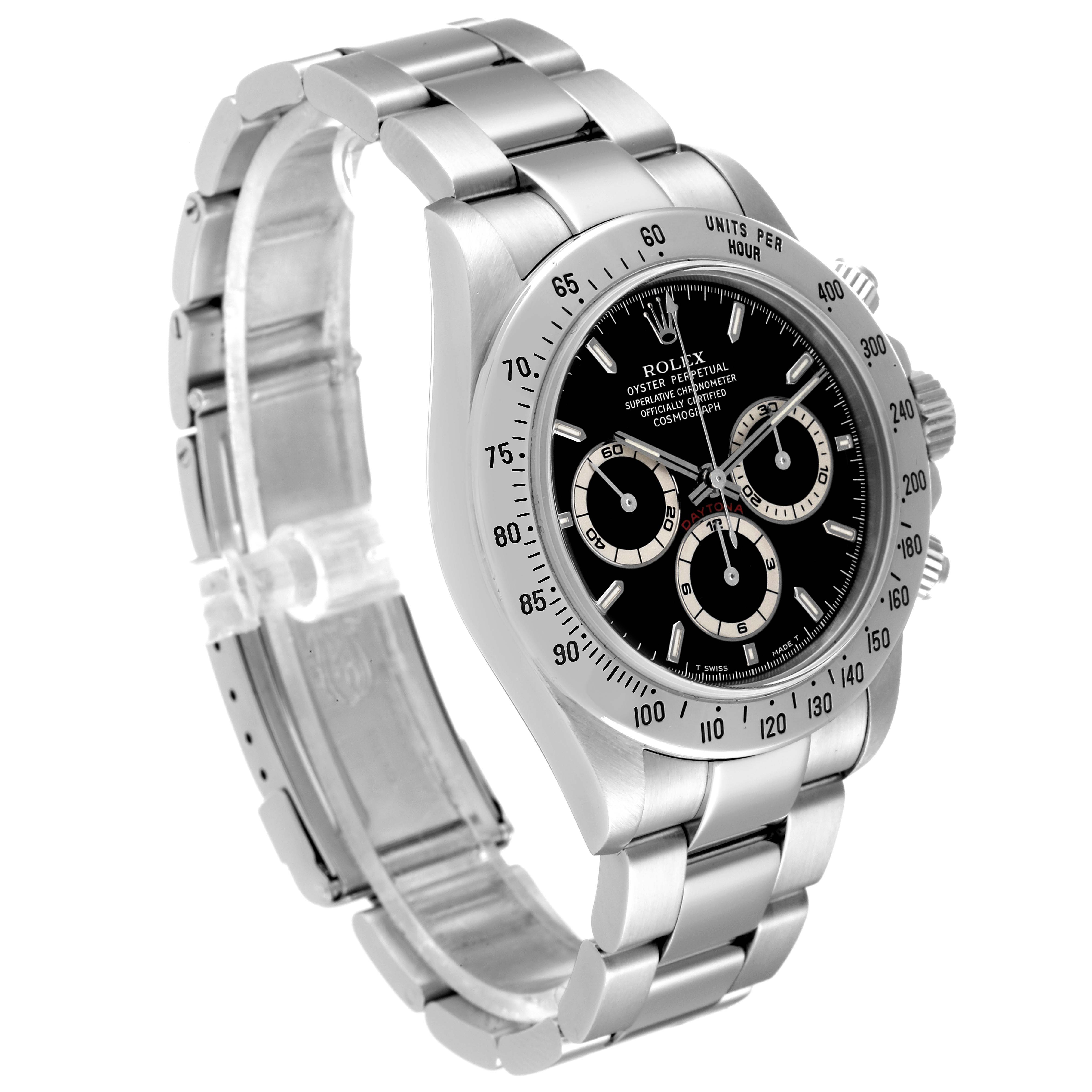 The Rolex Daytona 16520 Men's Stainless Steel Black Dial watch is shown at a slight angle, highlighting the dial, bezel, and bracelet.