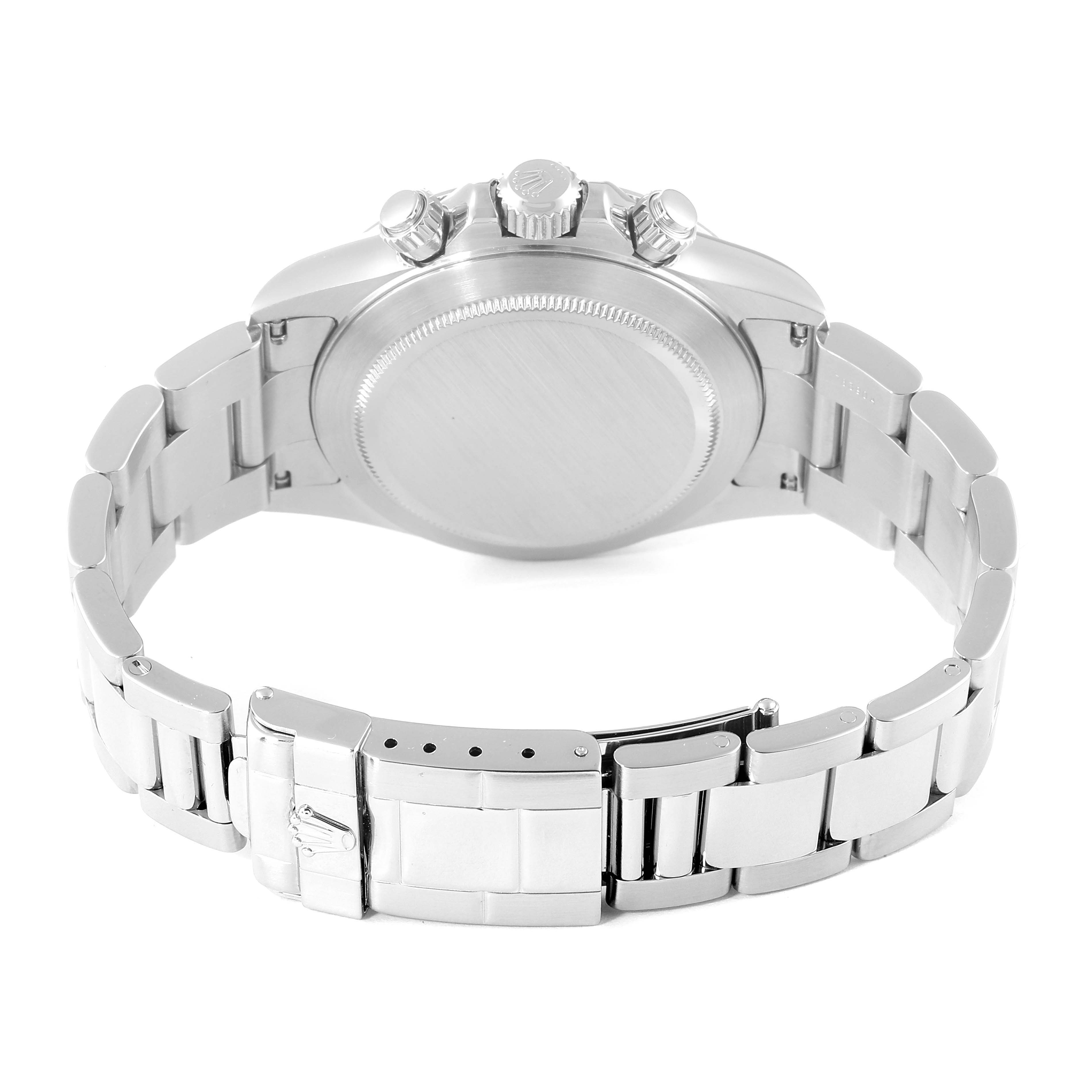 The image shows the back view of a Rolex Daytona 16520 Men's Stainless Steel Black Dial watch, highlighting the case back, bracelet, and clasp.