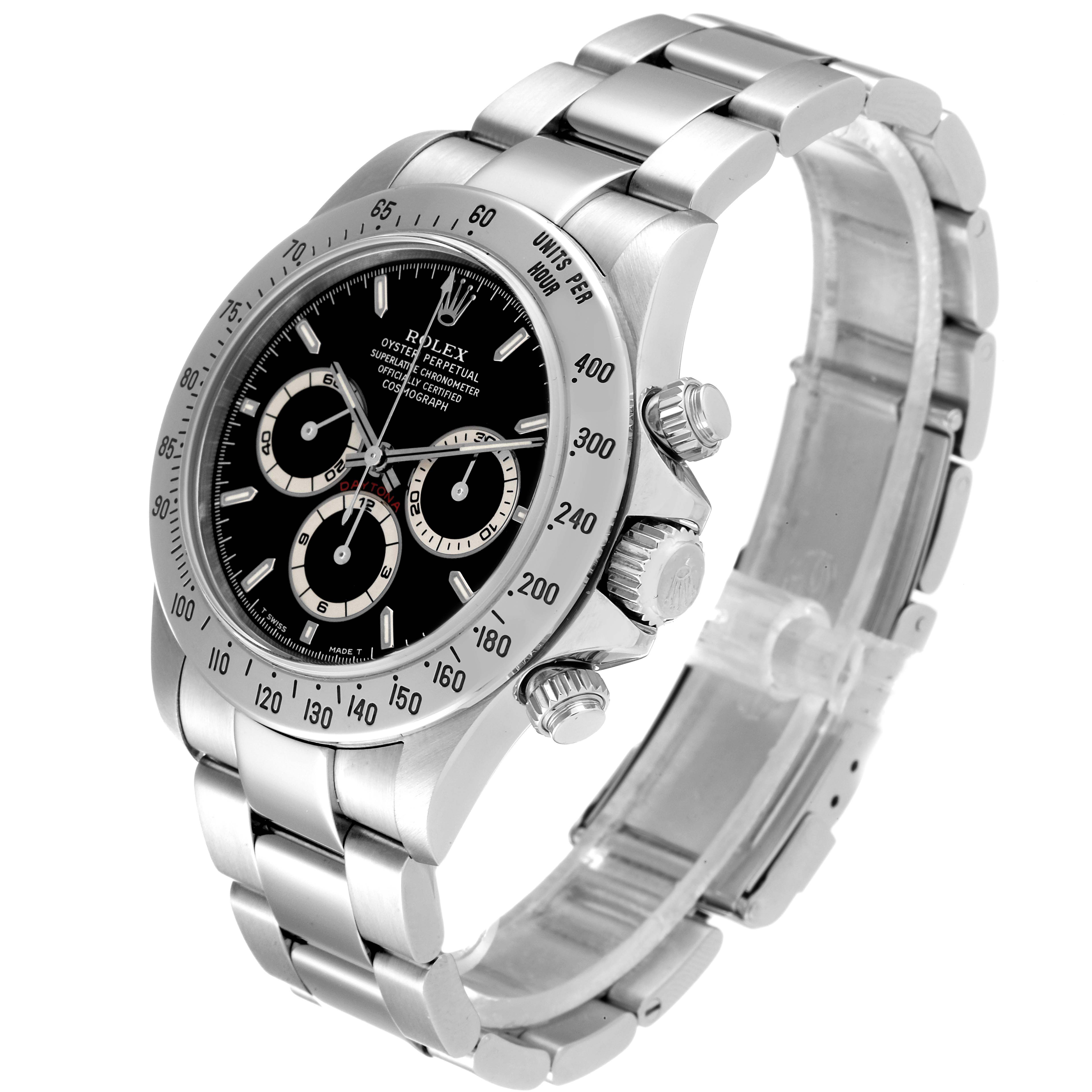 The Rolex Daytona 16520 Men's Stainless Steel Black Dial watch is shown at a three-quarter angle, highlighting the dial, bezel, pushers, and bracelet.