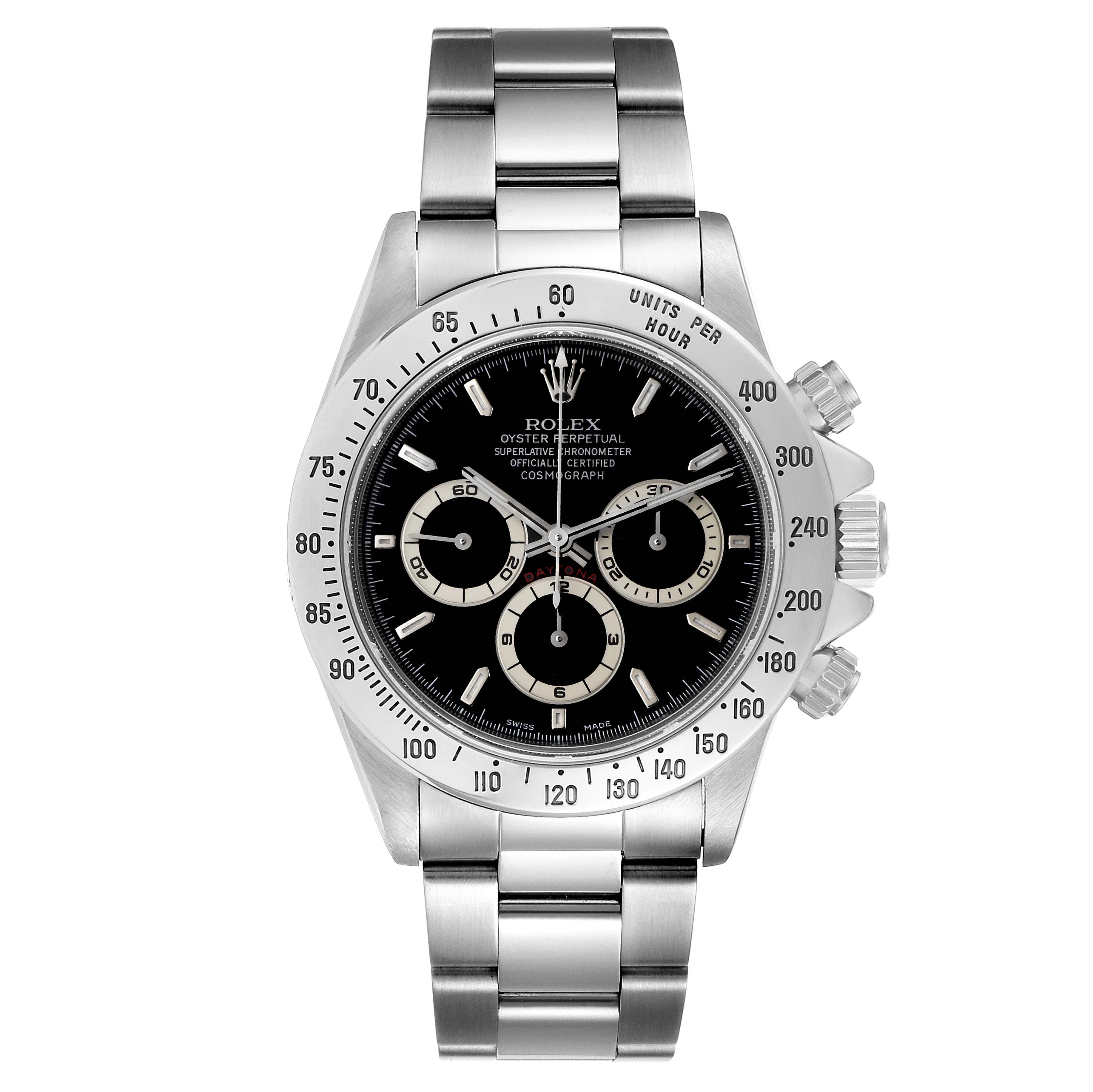 This image shows a front view of the Rolex Daytona 16520 Men's Stainless Steel Black Dial 16520 Men's Stainless Steel Black Dial watch, highlighting its black dial, silver bezel, and stainless steel bracelet.