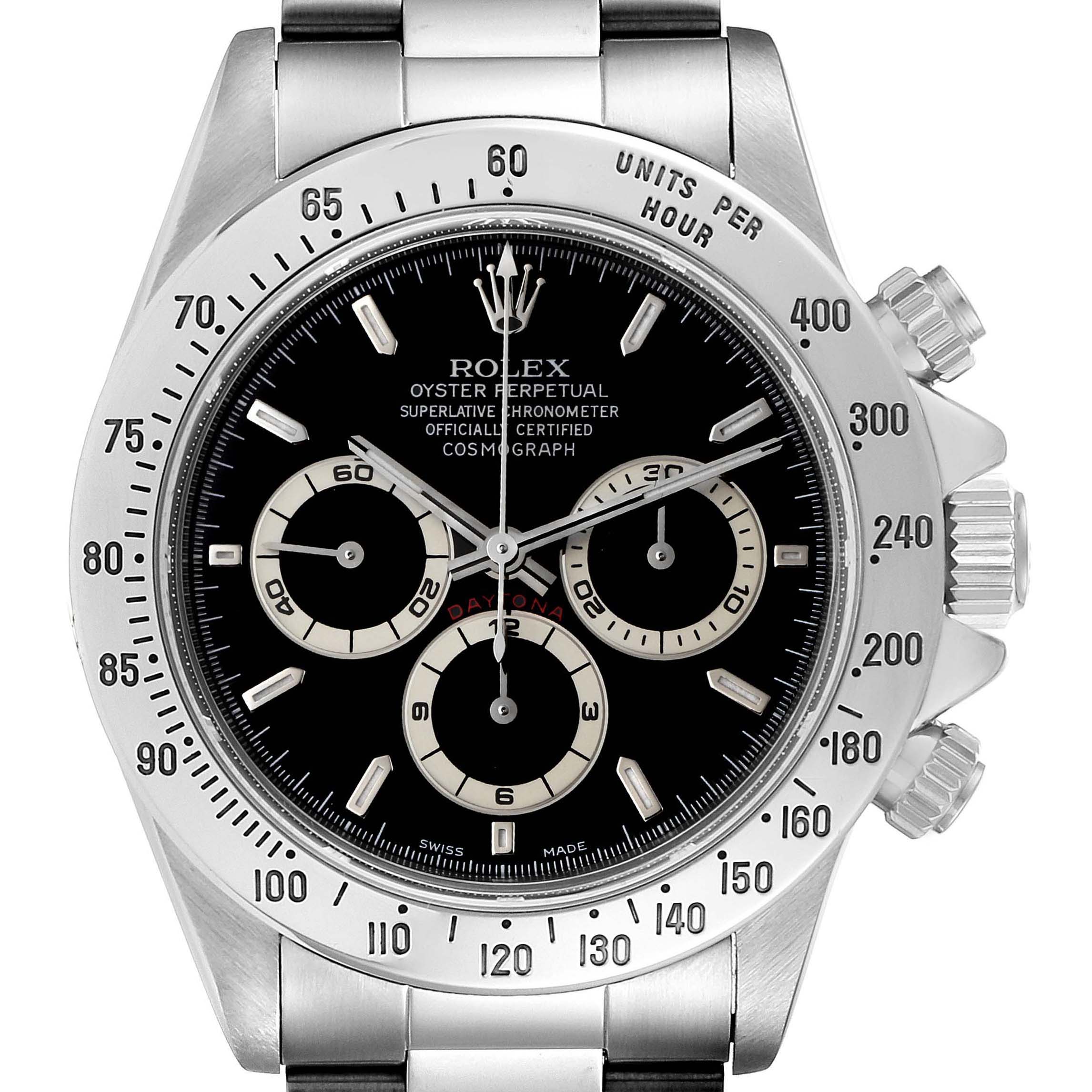 The image shows a frontal view of a Rolex Daytona 16520 Men's Stainless Steel Black Dial 16520 Men's Stainless Steel Black Dial watch, highlighting the bezel, dials, and bracelet.