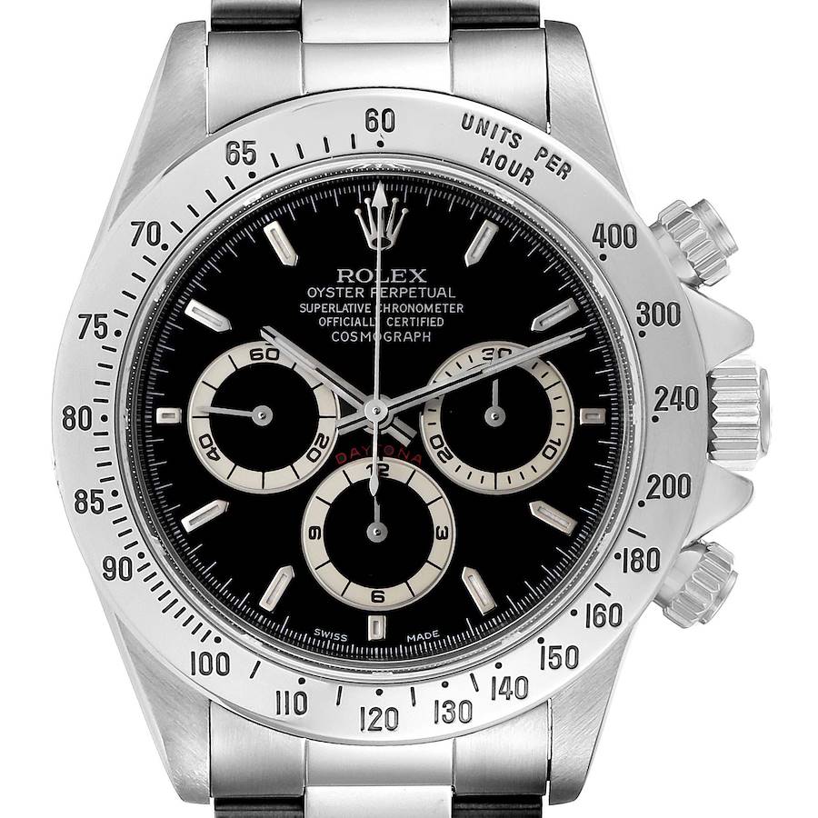 The image shows a frontal view of a Rolex Daytona watch, highlighting the bezel, dials, and bracelet.