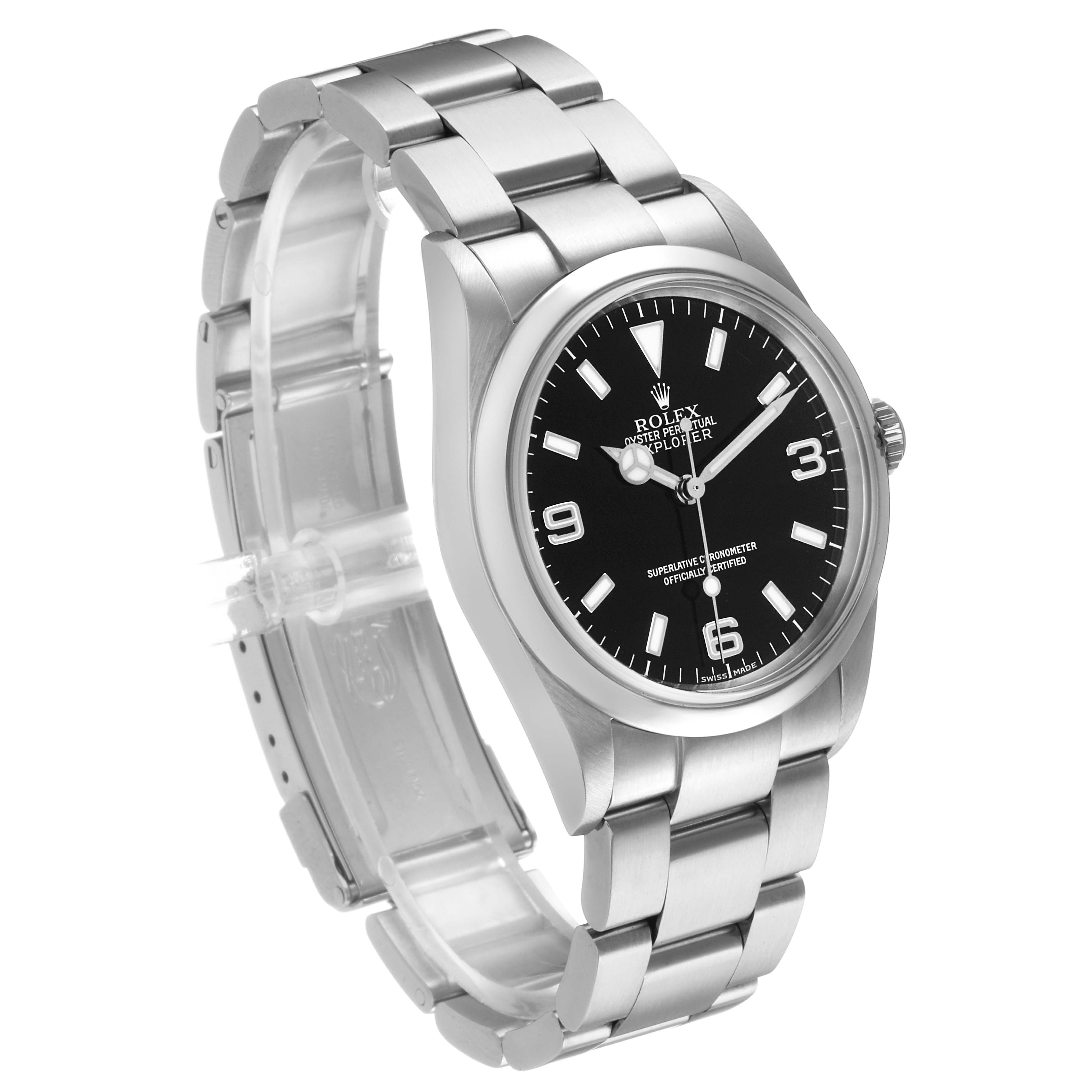The Rolex Explorer 114270 Men's Stainless Steel Black Dial watch is shown at a front-left angle, highlighting the dial, bezel, and bracelet.