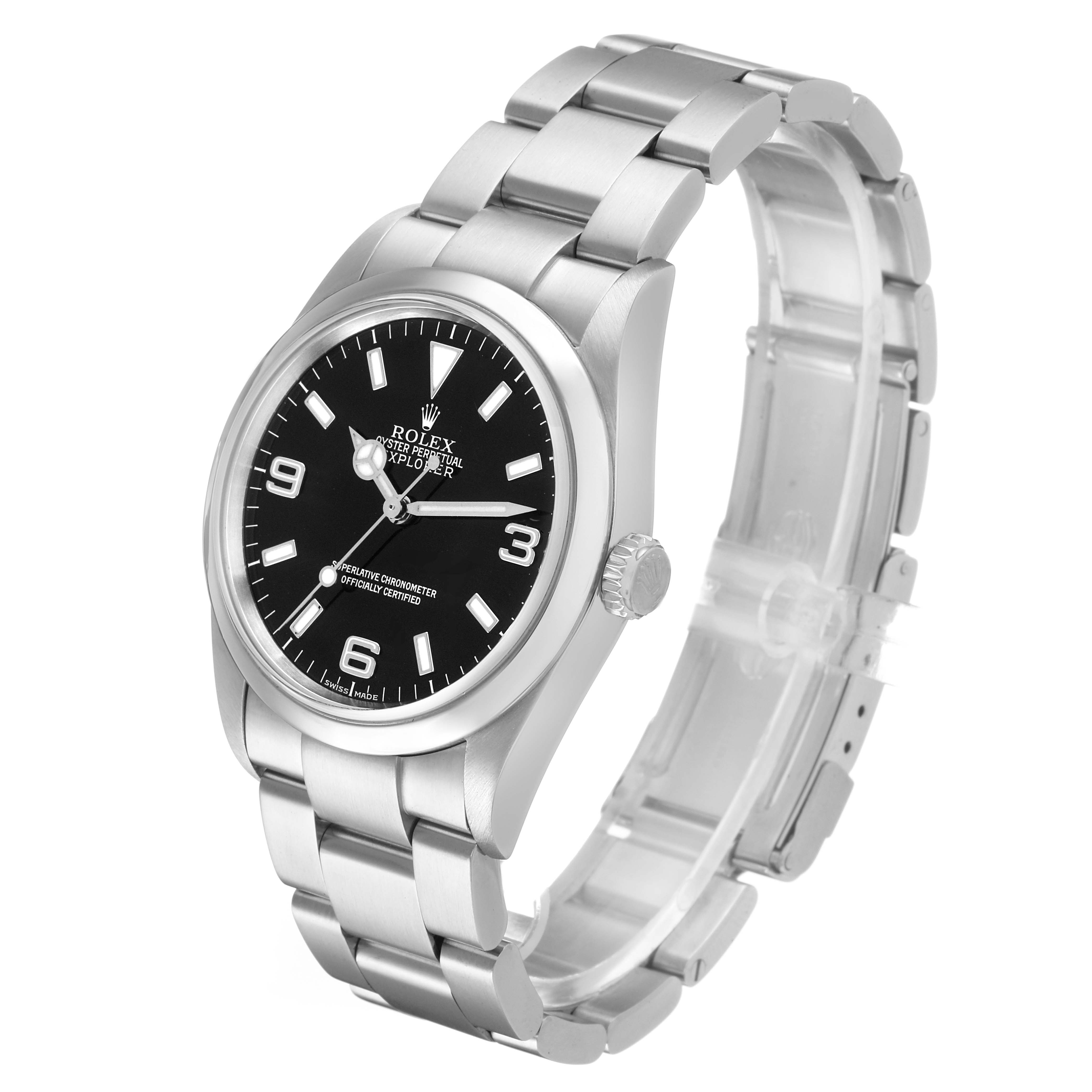 The Rolex Explorer 114270 Men's Stainless Steel Black Dial watch is shown at a three-quarter angle, highlighting the face, bezel, crown, and bracelet.