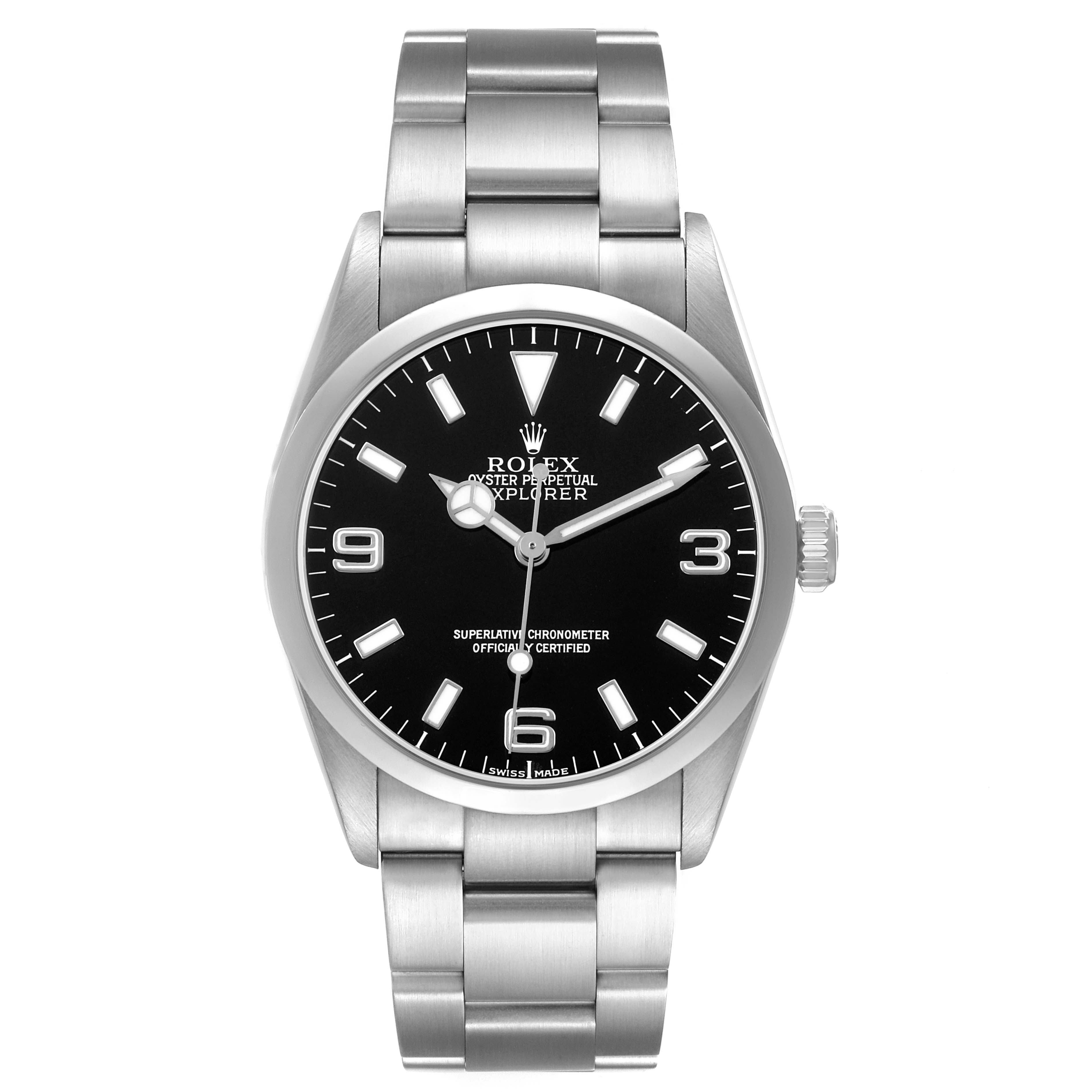 The Rolex Explorer 114270 Men's Stainless Steel Black Dial watch is shown from the front, displaying the dial, bezel, and bracelet.