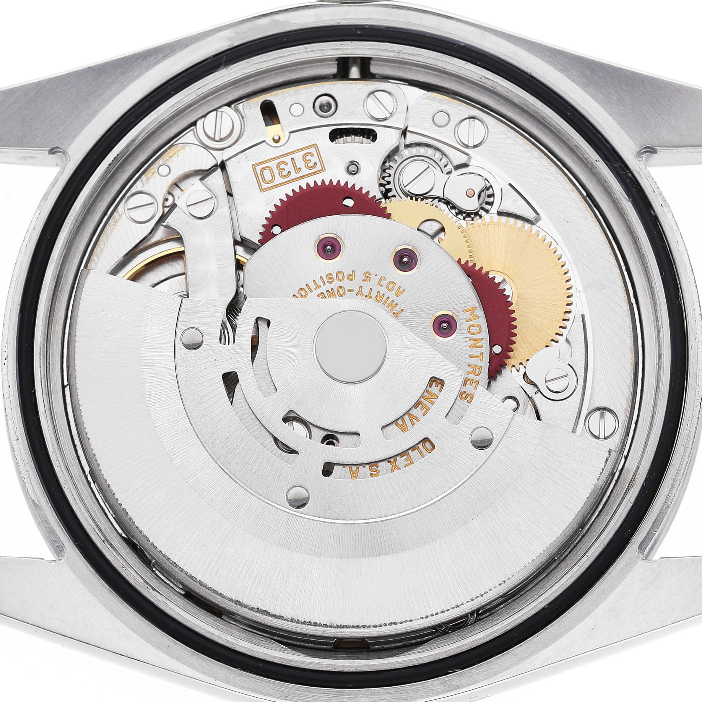 The image shows the Rolex Explorer 114270 Men's Stainless Steel Black Dial movement from the back, revealing gears and the rotor.